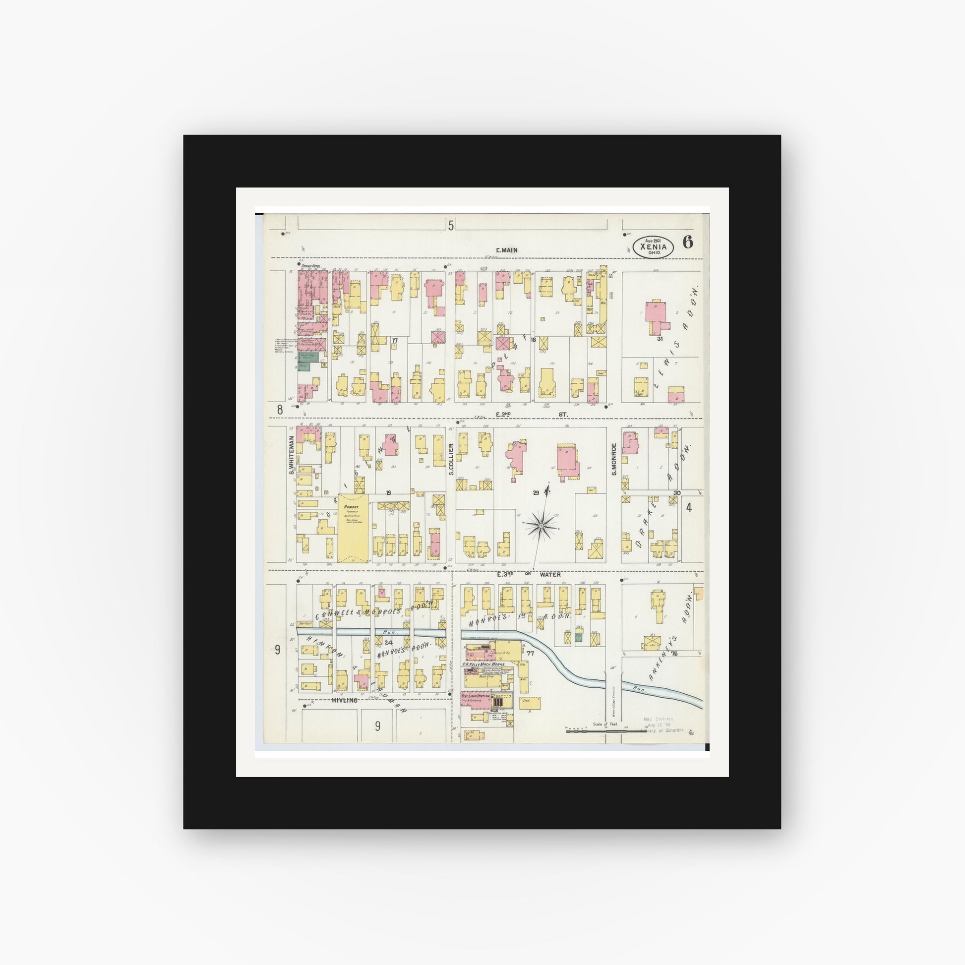 Old map wall art mockup — black gallery frame with white mat — Sanborn Fire Insurance Map from Xenia, Greene County, Ohio (1901), Sheet #0006