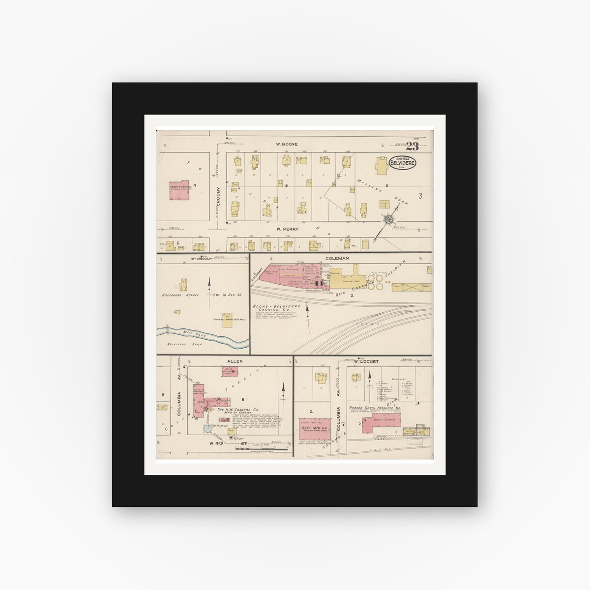Old map wall art mockup — black gallery frame with white mat — Sanborn Fire Insurance Map from Belvidere, Boone County, Illinois (1922), Sheet #0023