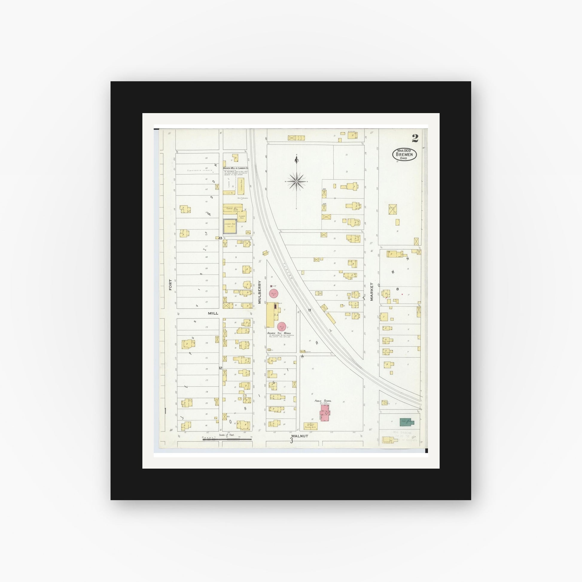 Old map wall art mockup — black gallery frame with white mat — Sanborn Fire Insurance Map from Bremen, Fairfield County, Ohio (1909), Sheet #0002