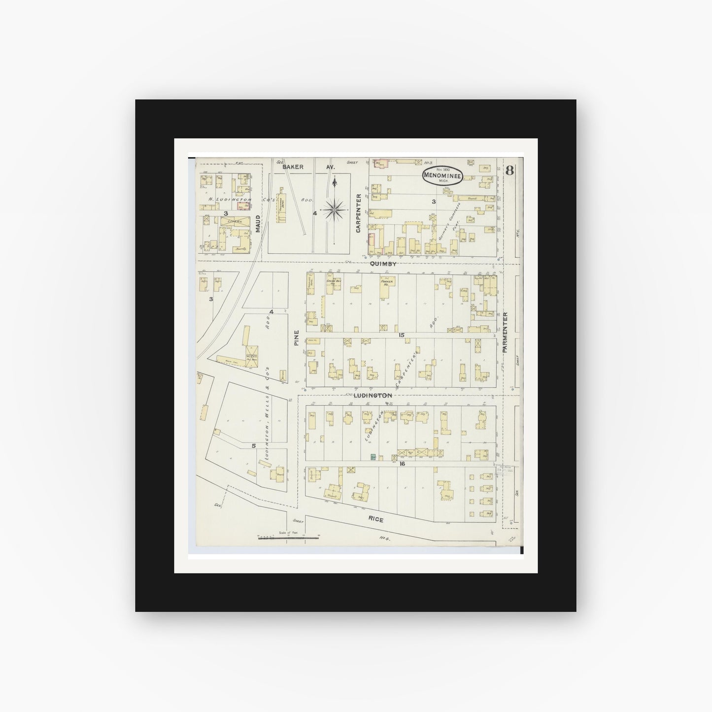 Old map wall art mockup — black gallery frame with white mat — Sanborn Fire Insurance Map from Menominee, Menominee County, Michigan (1890), Sheet #0008