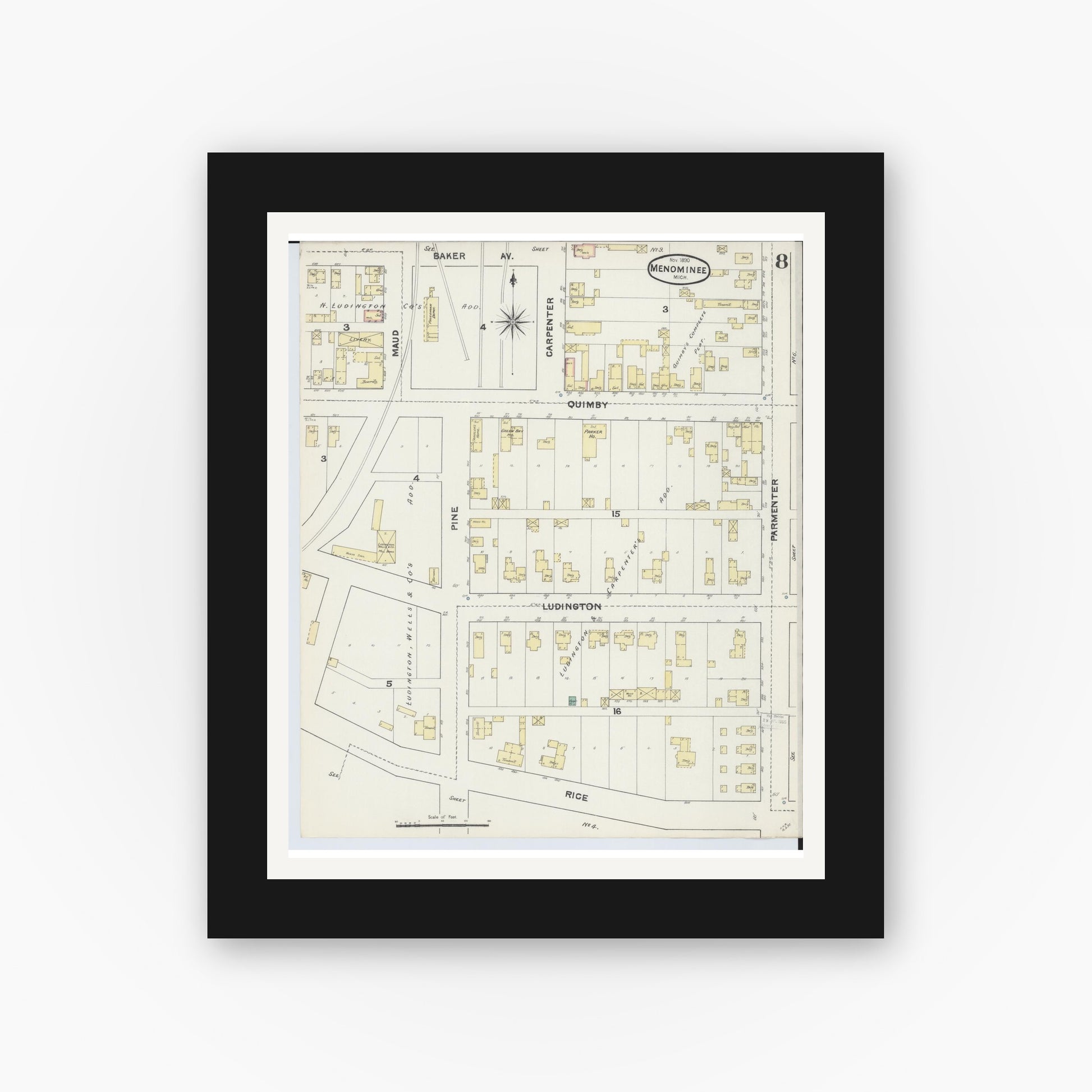 Old map wall art mockup — black gallery frame with white mat — Sanborn Fire Insurance Map from Menominee, Menominee County, Michigan (1890), Sheet #0008