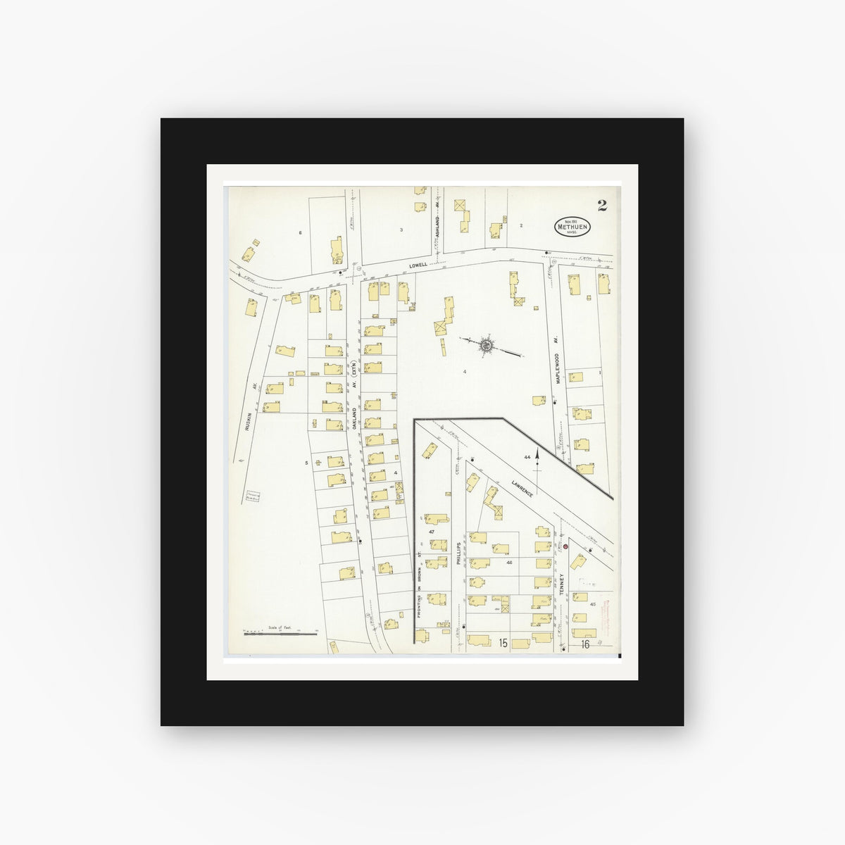 Old map wall art mockup — black gallery frame with white mat — Sanborn Fire Insurance Map from Methuen, Essex County, Massachusetts (1911), Sheet #0002