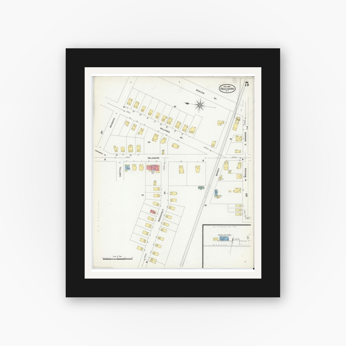 Old map wall art mockup — black gallery frame with white mat — Sanborn Fire Insurance Map from Paulsboro, Gloucester County, New Jersey (1909), Sheet #0005