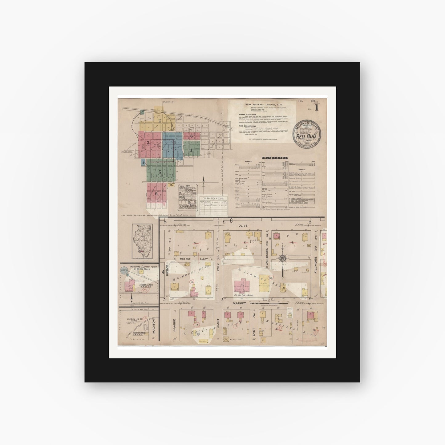 Old map wall art mockup — black gallery frame with white mat — Sanborn Fire Insurance Map from Red Bud, Randolph County, Illinois (1932) - Complete Map Set