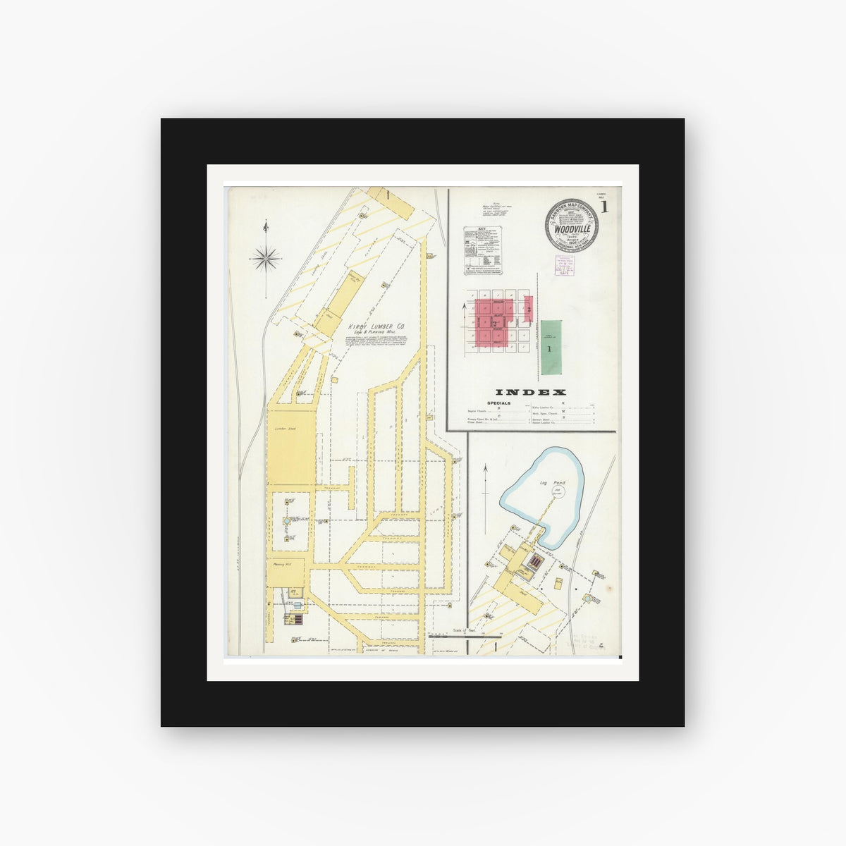 Old map wall art mockup — black gallery frame with white mat — Sanborn Fire Insurance Map from Woodville, Tyler County, Texas (1904) - Complete Map Set