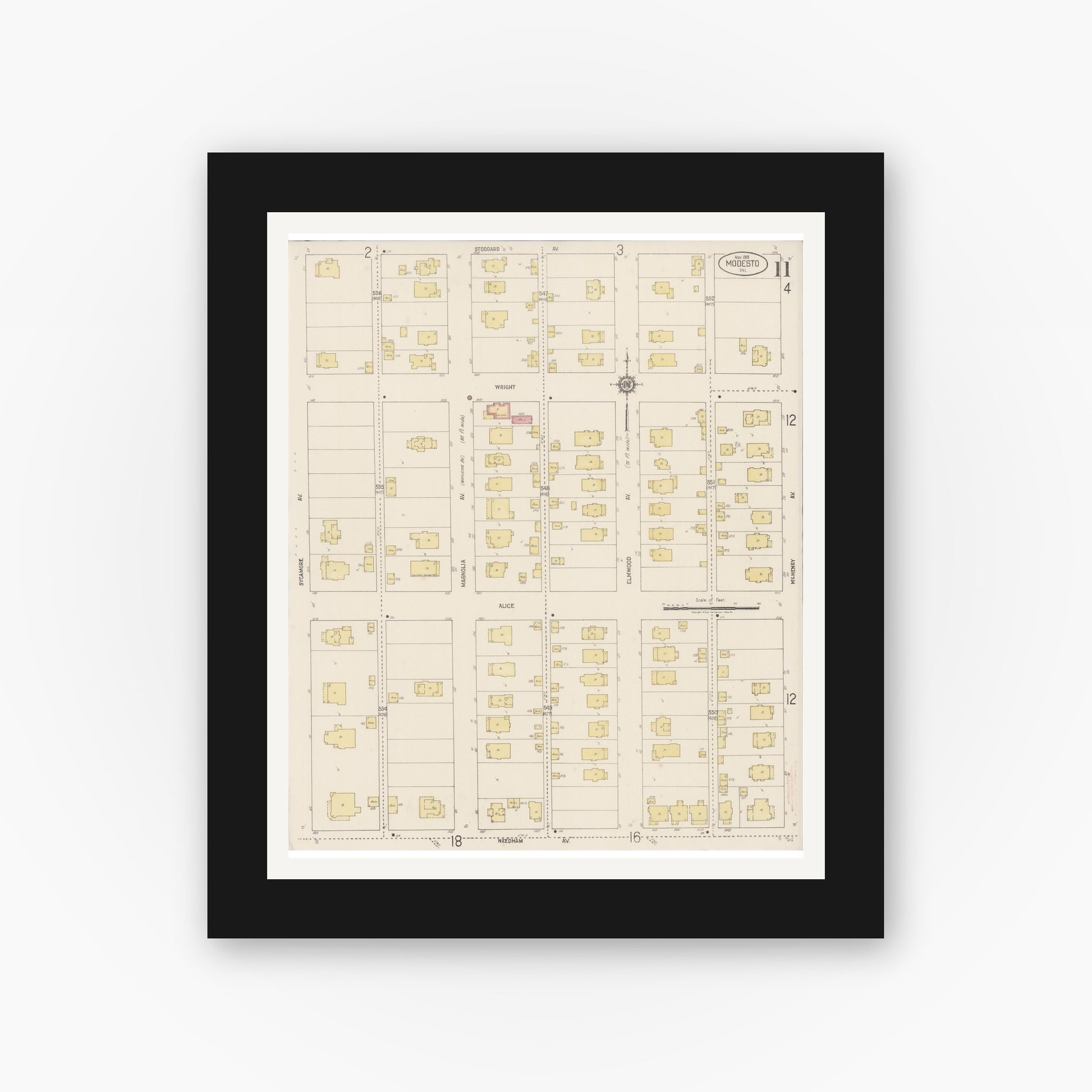 Old map wall art mockup — black gallery frame with white mat — Sanborn Fire Insurance Map from Modesto, Stanislaus County, California (1919), Sheet #0011