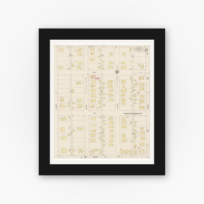 Old map wall art mockup — black gallery frame with white mat — Sanborn Fire Insurance Map from Modesto, Stanislaus County, California (1919), Sheet #0011