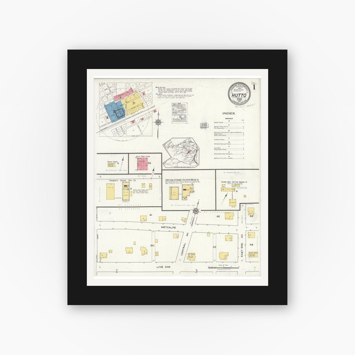 Old map wall art mockup — black gallery frame with white mat — Sanborn Fire Insurance Map from Hutto, Williamson County, Texas (1921) - Complete Map Set