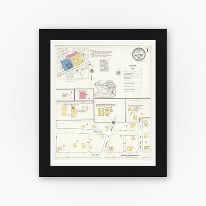 Old map wall art mockup — black gallery frame with white mat — Sanborn Fire Insurance Map from Hutto, Williamson County, Texas (1921) - Complete Map Set