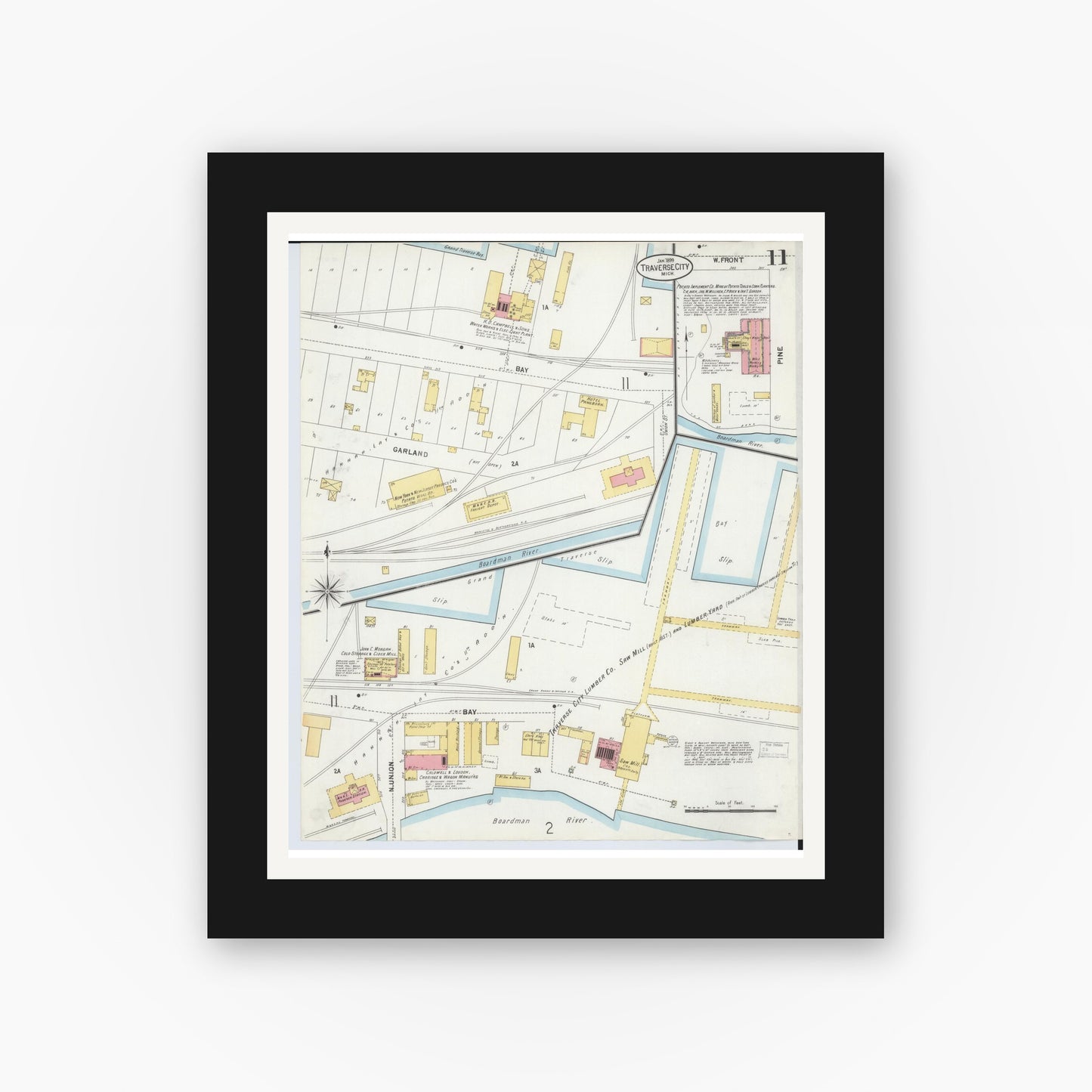 Old map wall art mockup — black gallery frame with white mat — Sanborn Fire Insurance Map from Traverse City, Grand Traverse County, Michigan (1899), Sheet #0011