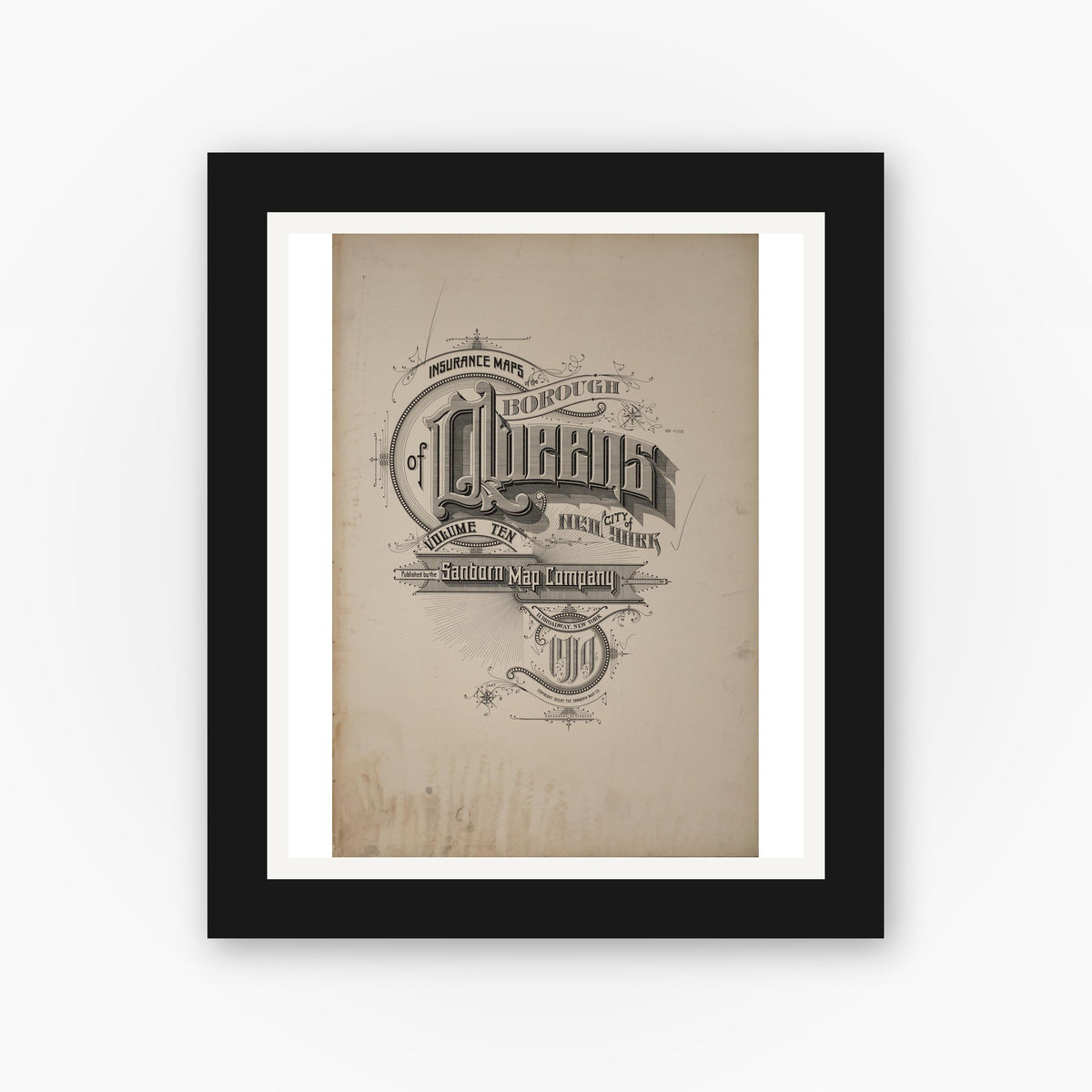 Old map wall art mockup — black gallery frame with white mat — Sanborn Fire Insurance Map from Queens, Queens County, New York (1915), Sheet #0001
