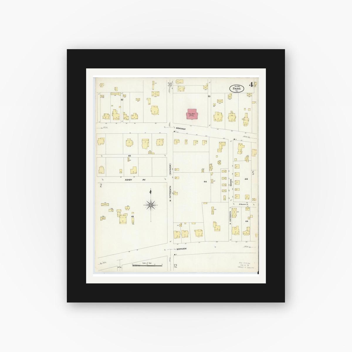 Old map wall art mockup — black gallery frame with white mat — Sanborn Fire Insurance Map from Paris, Lamar County, Texas (1908), Sheet #0004