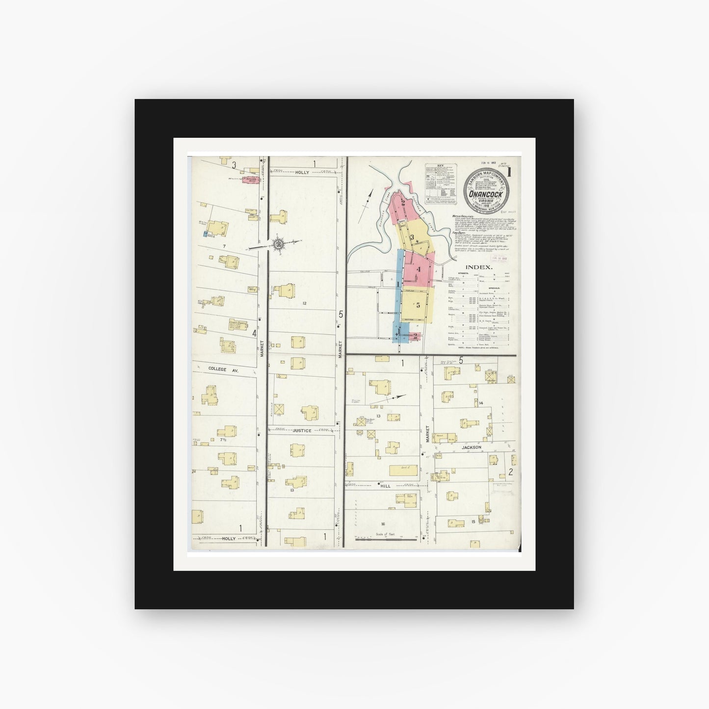 Old map wall art mockup — black gallery frame with white mat — Sanborn Fire Insurance Map from Onancock, Accomack County, Virginia (1912) - Complete Map Set