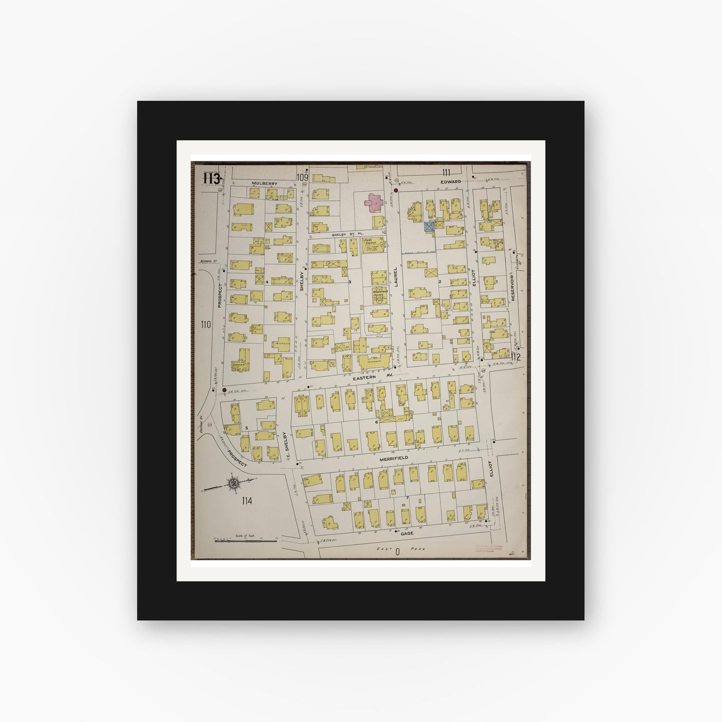 Old map wall art mockup — black gallery frame with white mat — Sanborn Fire Insurance Map from Worcester, Worcester County, Massachusetts (1910), Sheet #0113