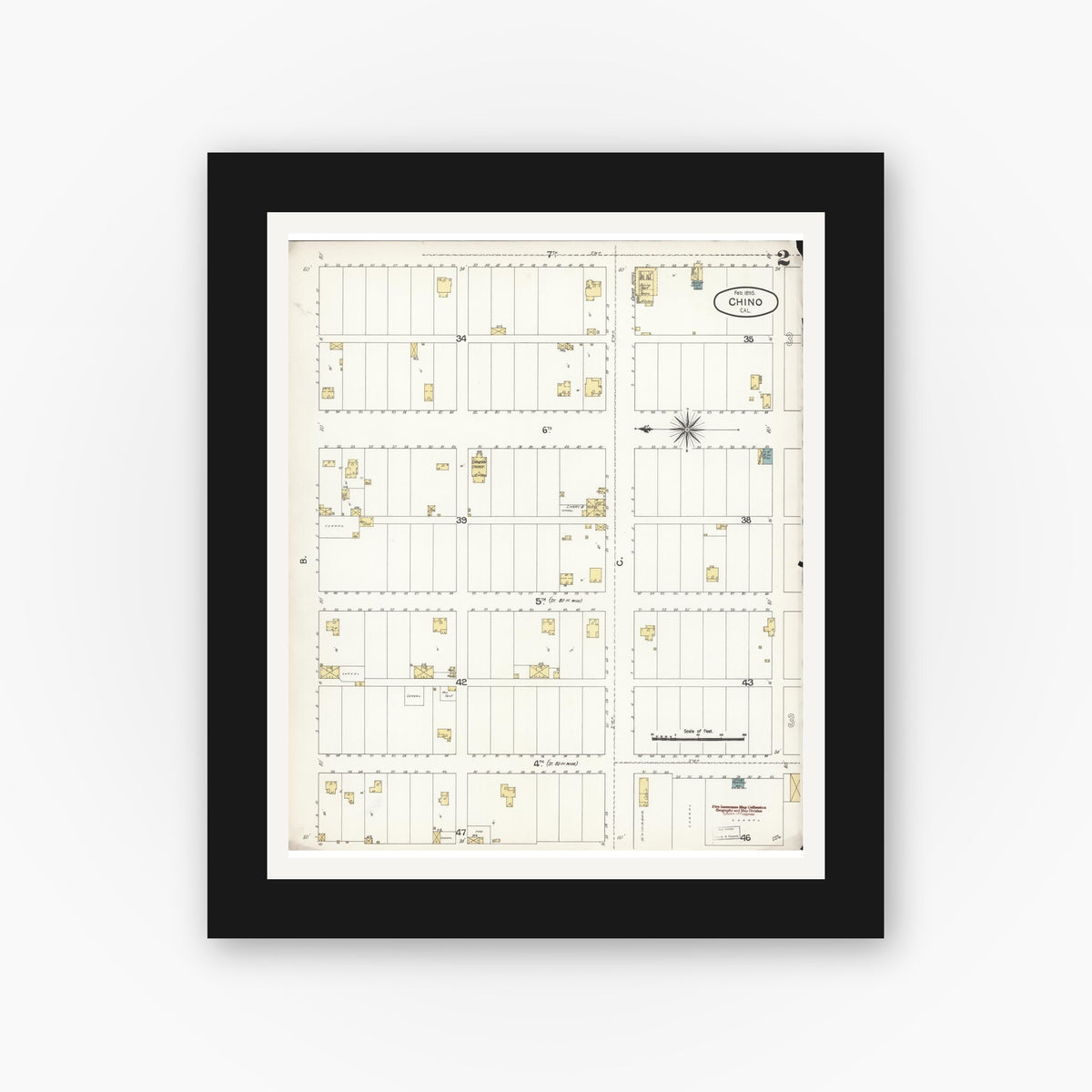 Old map wall art mockup — black gallery frame with white mat — Sanborn Fire Insurance Map from Chino, San Bernardino County, California (1895), Sheet #0002
