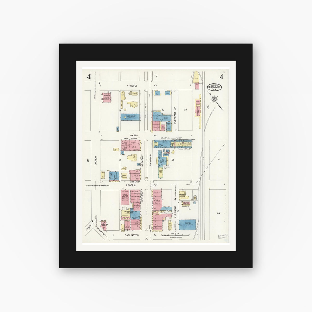 Old map wall art mockup — black gallery frame with white mat — Sanborn Fire Insurance Map from Kissimmee, Osceola County, Florida (1926), Sheet #0004