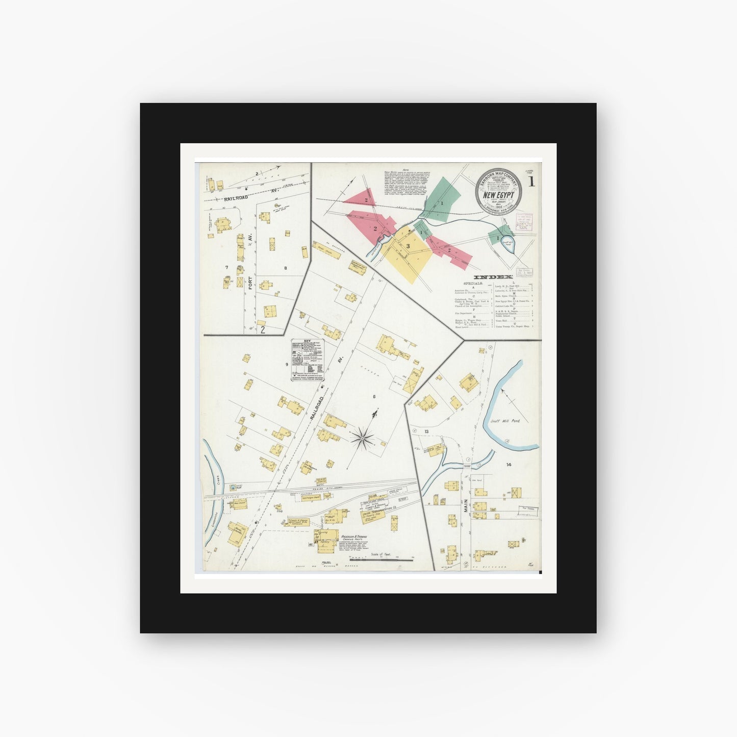 Old map wall art mockup — black gallery frame with white mat — Sanborn Fire Insurance Map from New Egypt, Ocean County, New Jersey (1905) - Complete Map Set