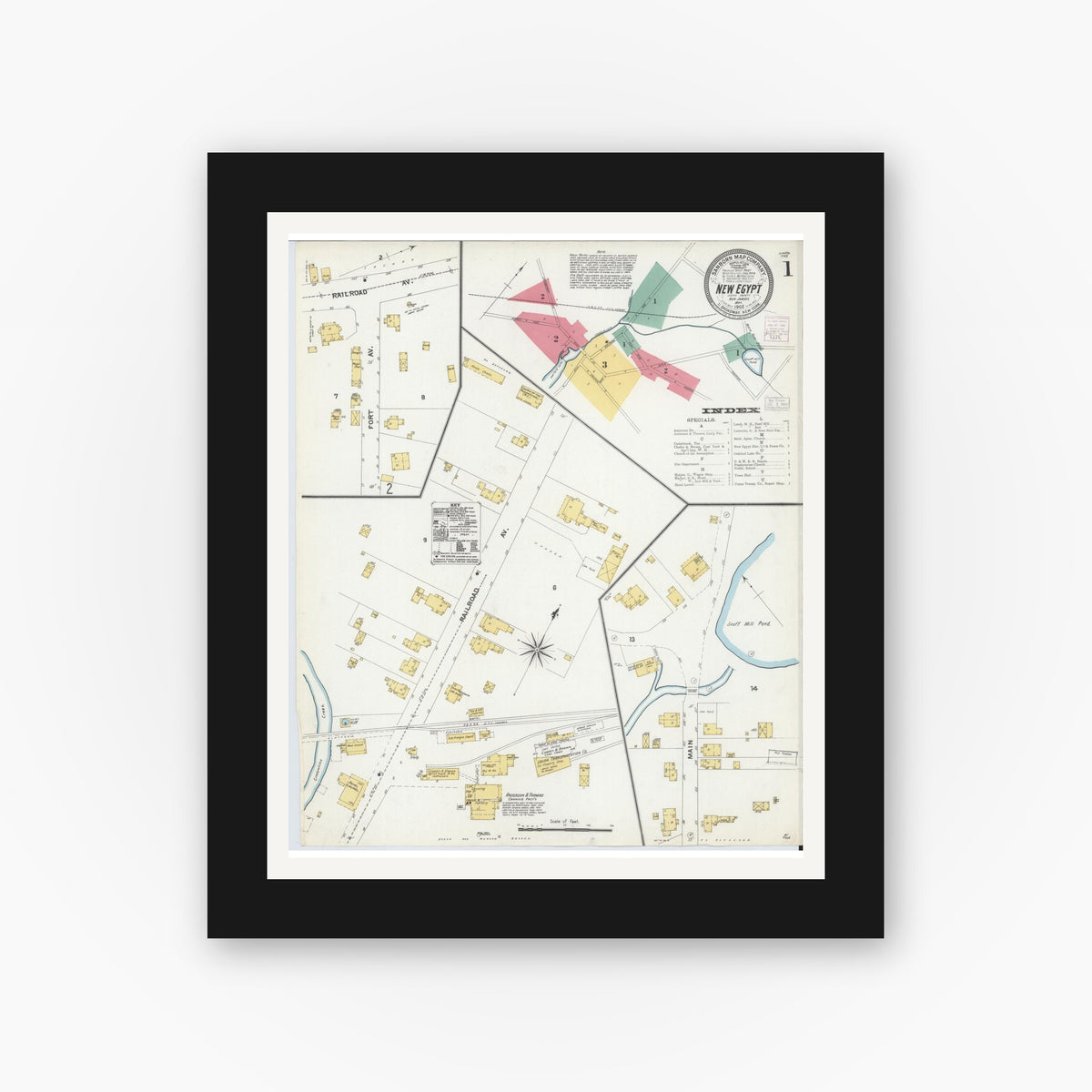 Old map wall art mockup — black gallery frame with white mat — Sanborn Fire Insurance Map from New Egypt, Ocean County, New Jersey (1905) - Complete Map Set