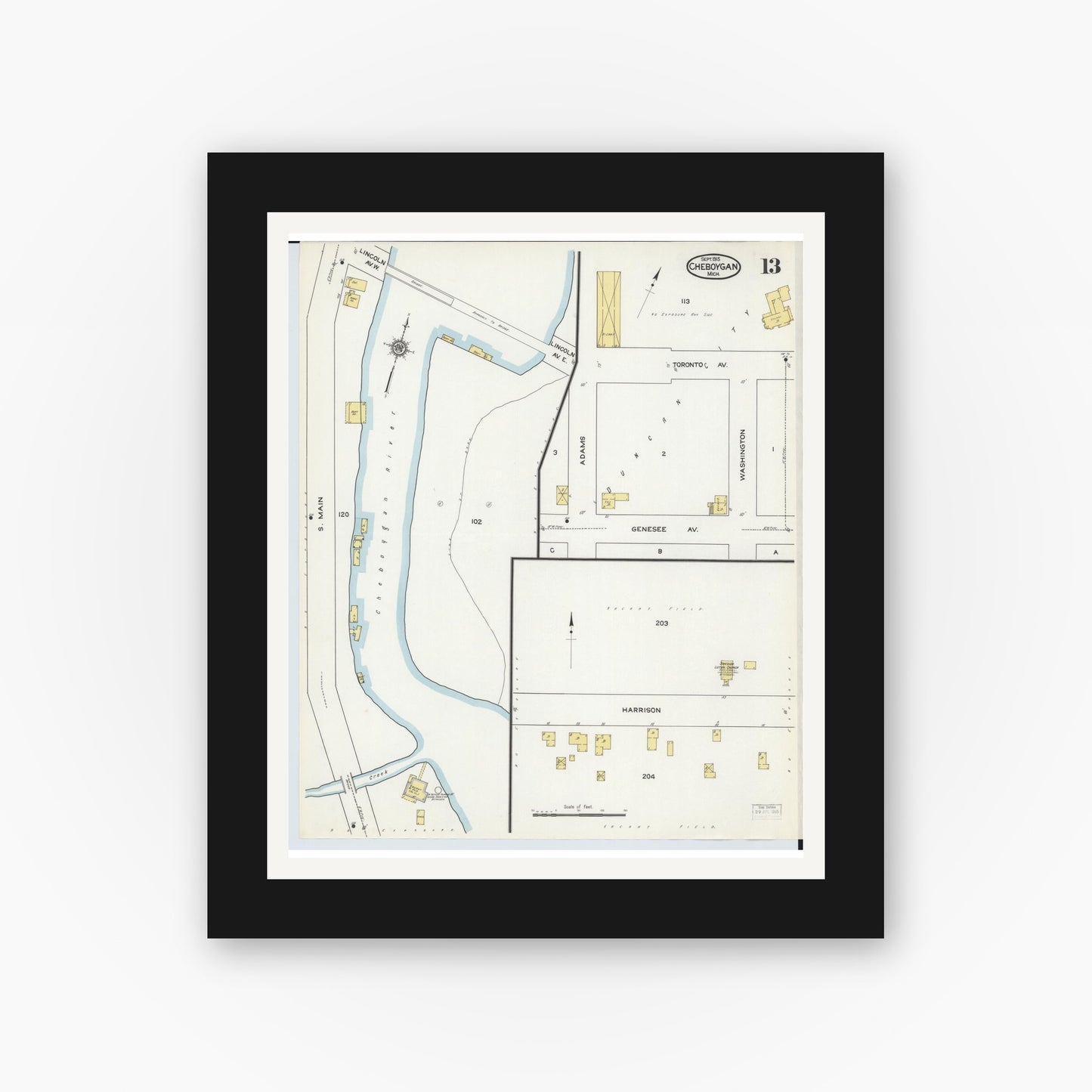 Old map wall art mockup — black gallery frame with white mat — Sanborn Fire Insurance Map from Cheboygan, Cheboygan County, Michigan (1915), Sheet #0013