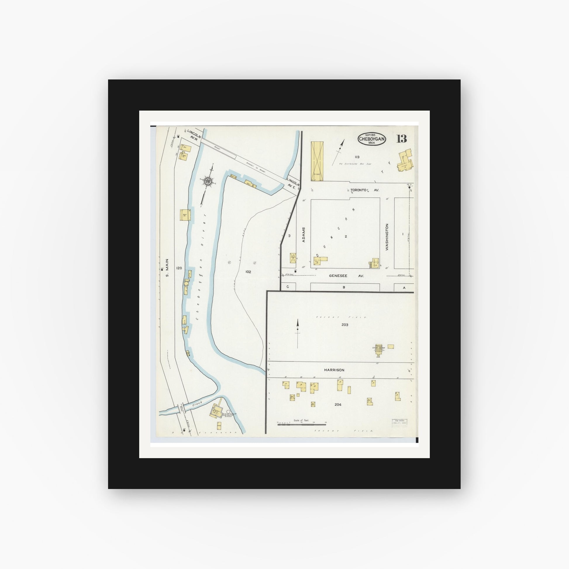 Old map wall art mockup — black gallery frame with white mat — Sanborn Fire Insurance Map from Cheboygan, Cheboygan County, Michigan (1915), Sheet #0013