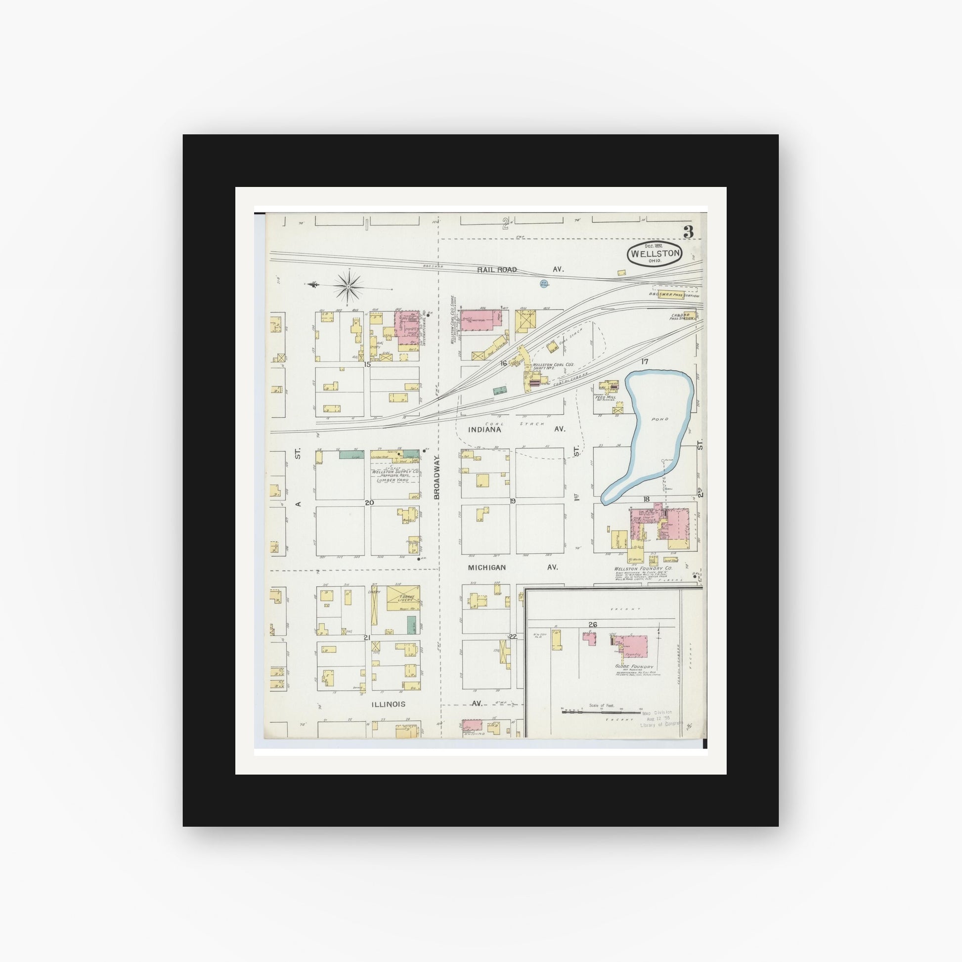 Old map wall art mockup — black gallery frame with white mat — Sanborn Fire Insurance Map from Wellston, Jackson County, Ohio (1892), Sheet #0003