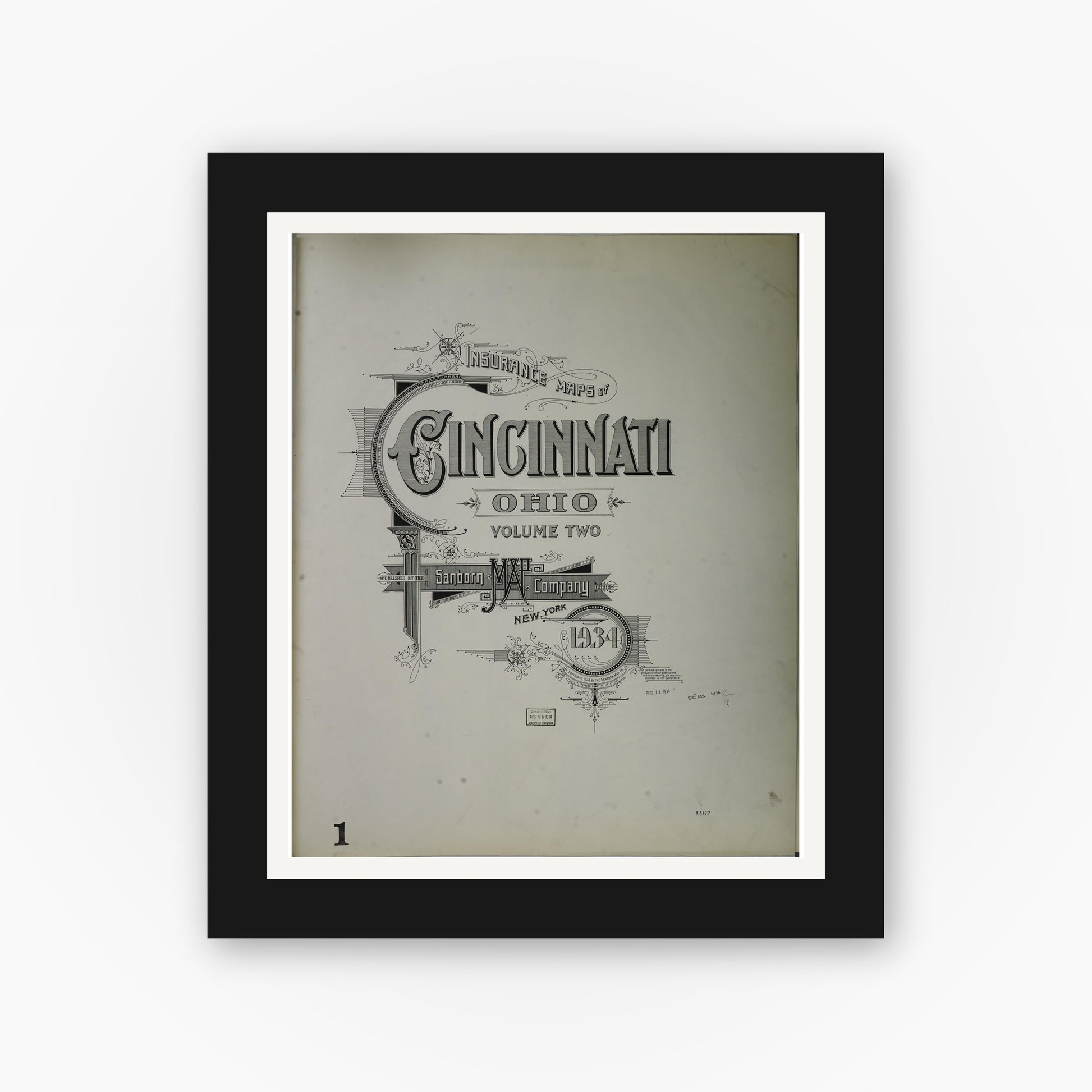 Old map wall art mockup — black gallery frame with white mat — Sanborn Fire Insurance Map from Cincinnati, Hamilton County, Ohio (1934), Sheet #0001