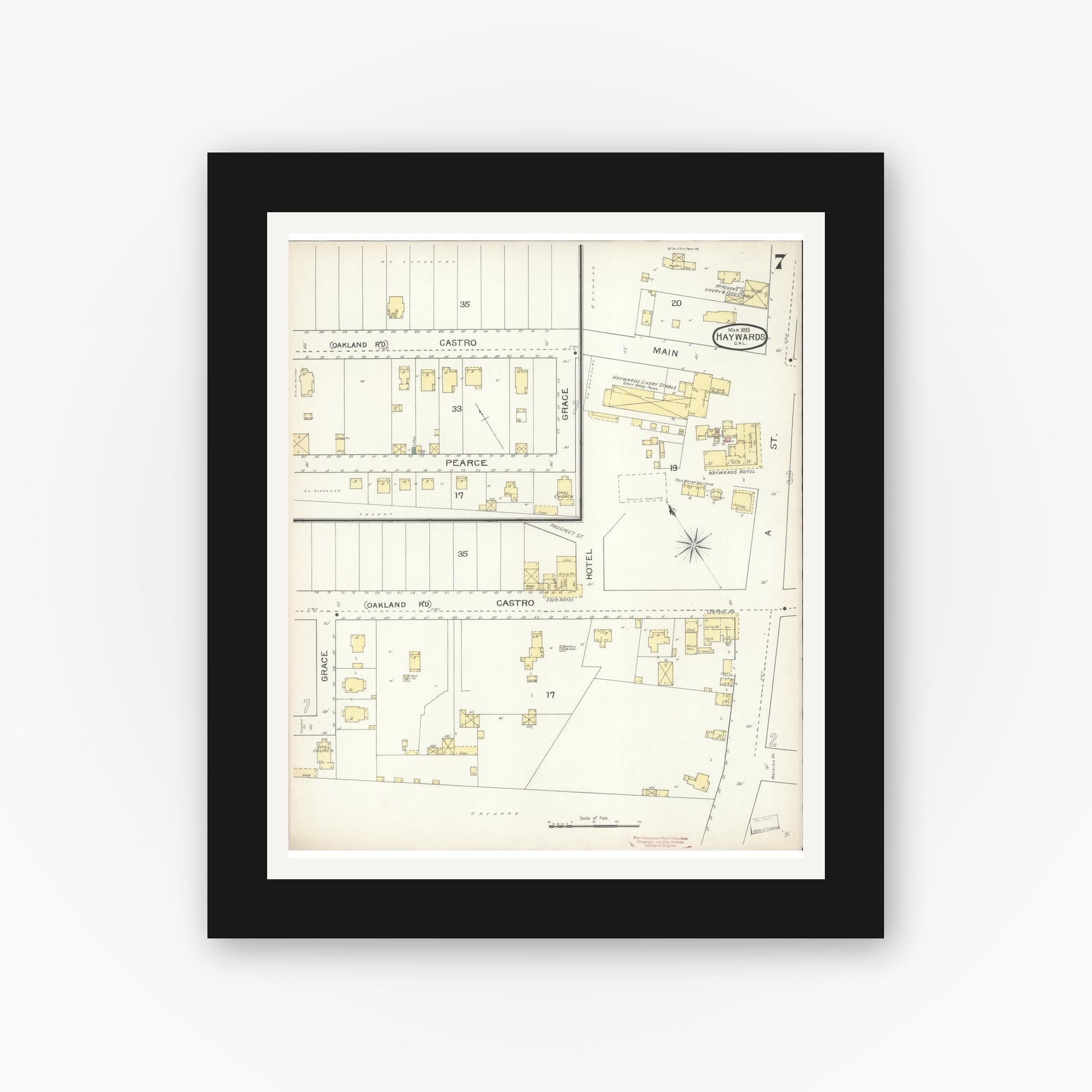 Old map wall art mockup — black gallery frame with white mat — Sanborn Fire Insurance Map from Hayward, Alameda County, California (1893), Sheet #0007