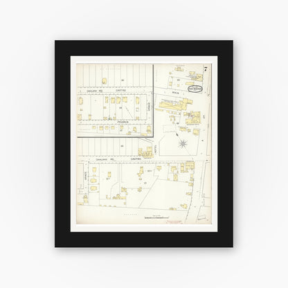 Old map wall art mockup — black gallery frame with white mat — Sanborn Fire Insurance Map from Hayward, Alameda County, California (1893), Sheet #0007