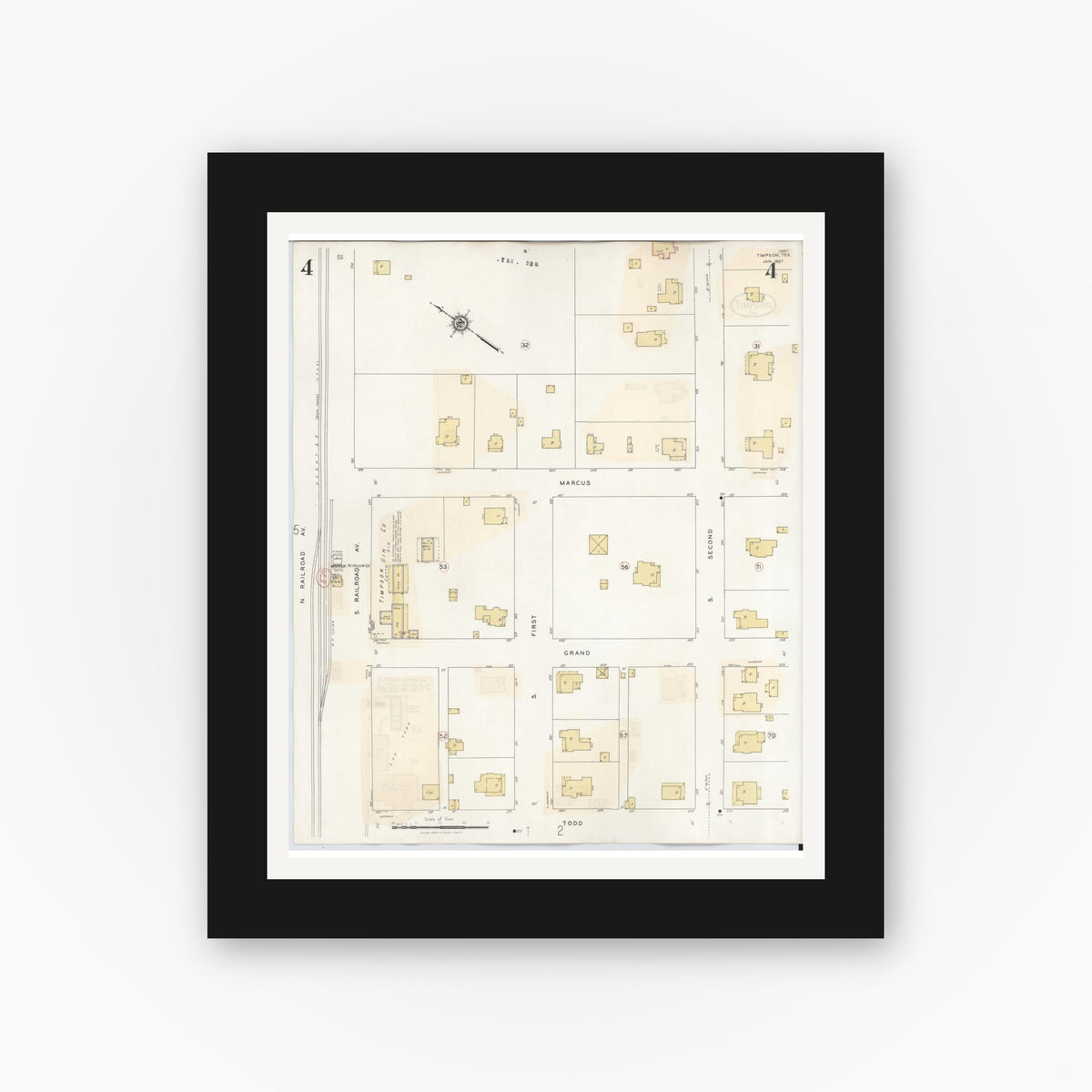 Old map wall art mockup — black gallery frame with white mat — Sanborn Fire Insurance Map from Timpson, Shelby County, Texas (1941), Sheet #0004