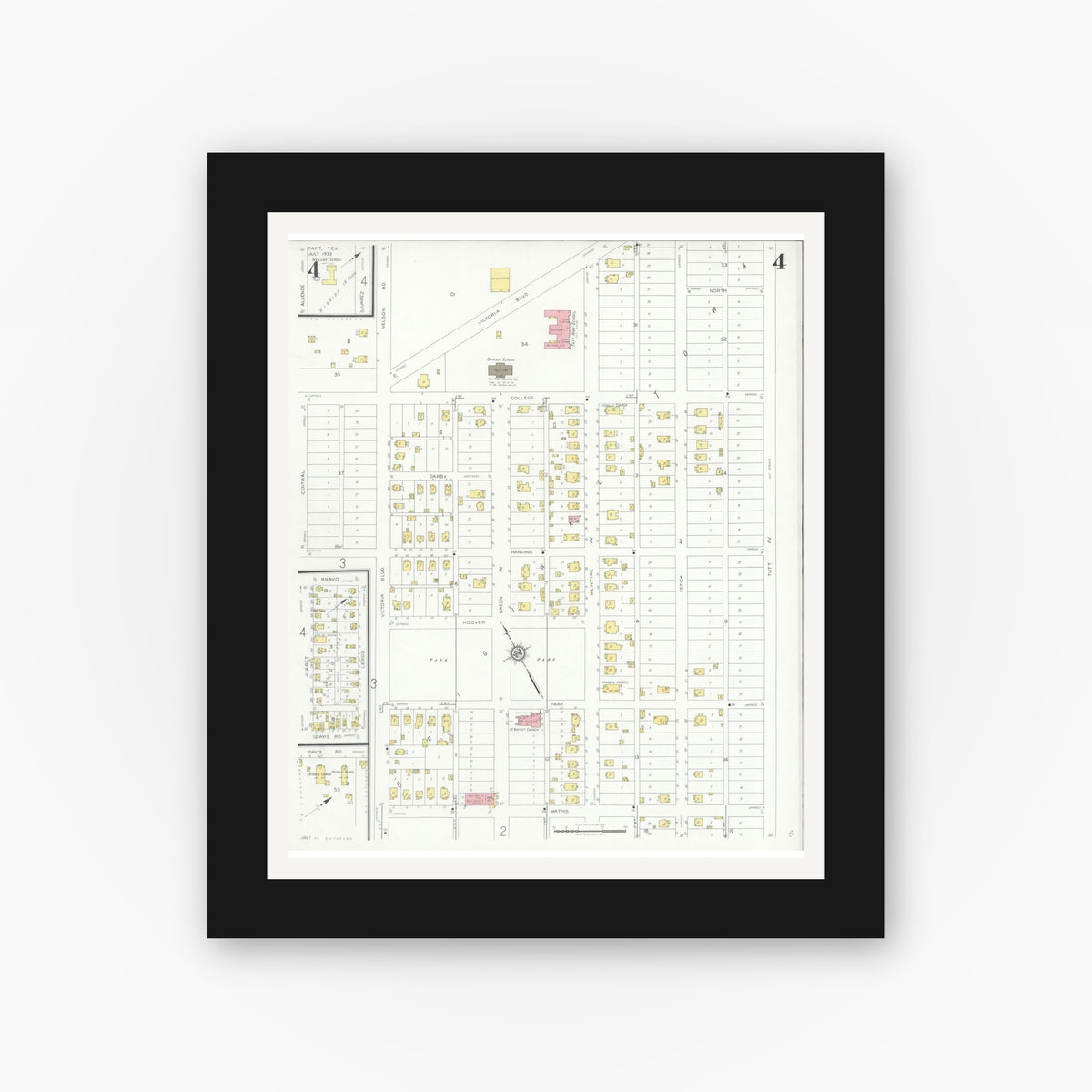 Old map wall art mockup — black gallery frame with white mat — Sanborn Fire Insurance Map from Taft, San Patricio County, Texas (1933), Sheet #0004