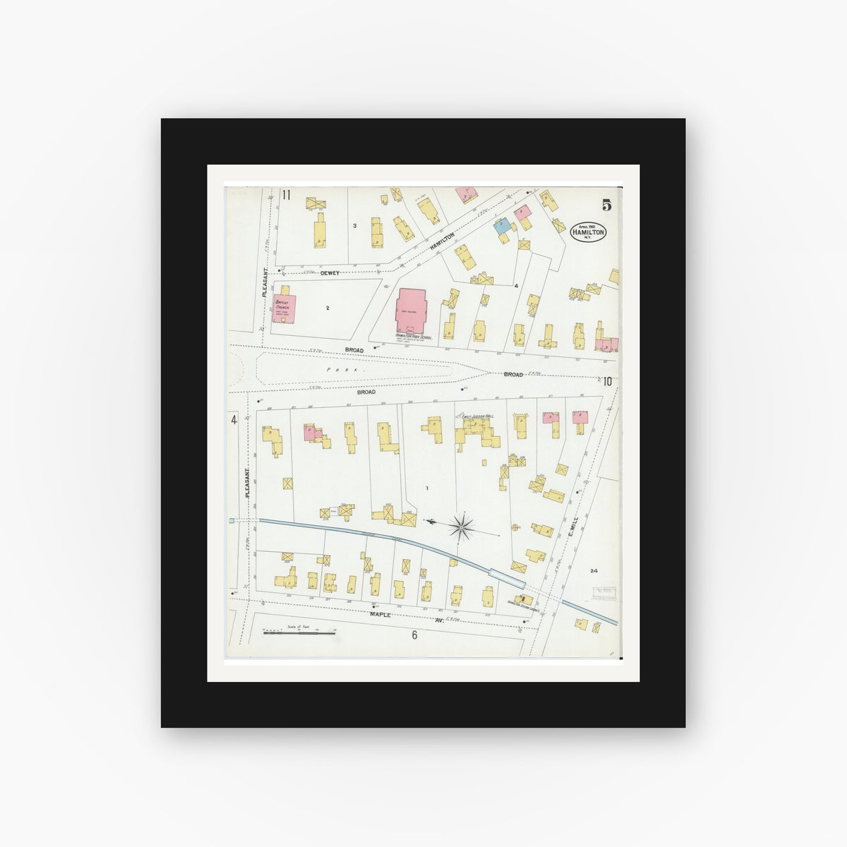 Old map wall art mockup — black gallery frame with white mat — Sanborn Fire Insurance Map from Hamilton, Madison County, New York (1901), Sheet #0005