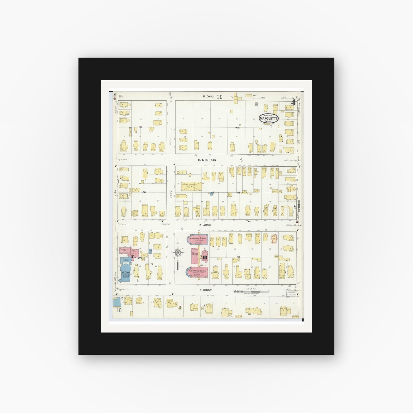 Old map wall art mockup — black gallery frame with white mat — Sanborn Fire Insurance Map from Marquette, Marquette County, Michigan (1917), Sheet #0004