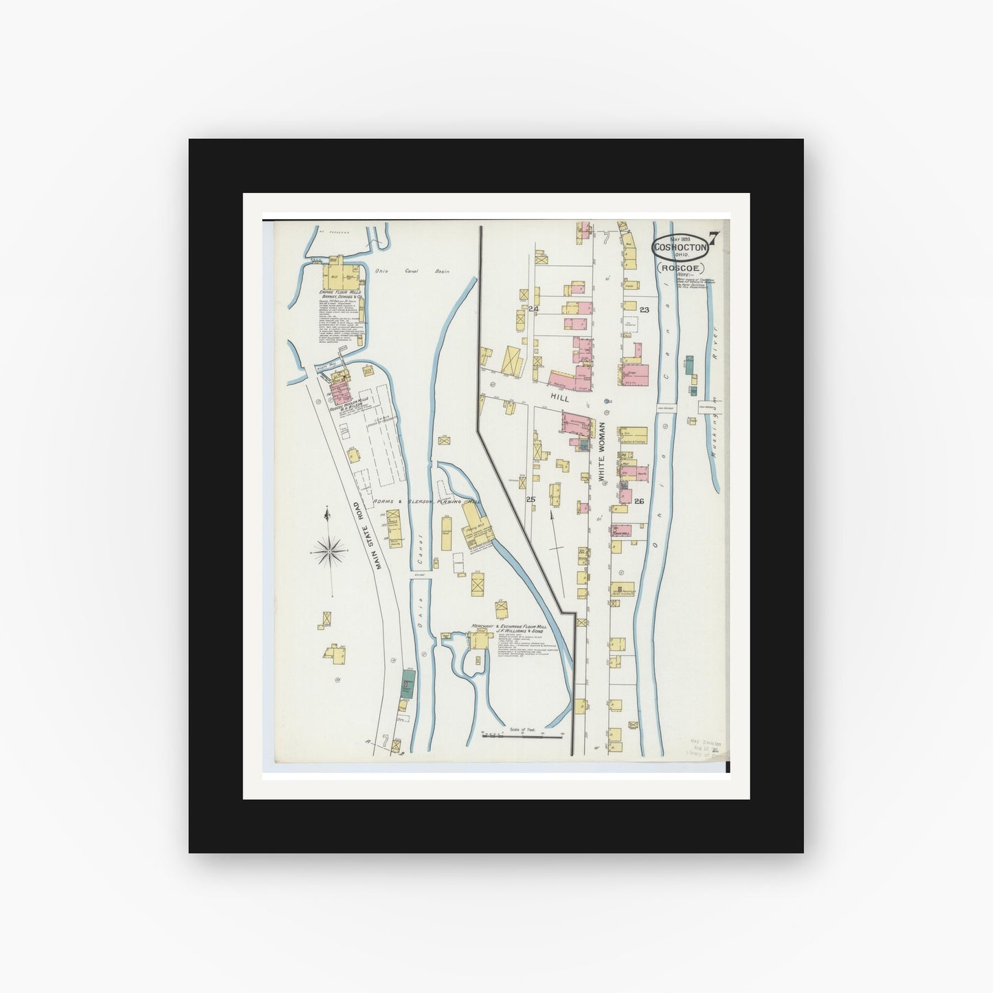 Old map wall art mockup — black gallery frame with white mat — Sanborn Fire Insurance Map from Coshocton, Coshocton County, Ohio (1893), Sheet #0007