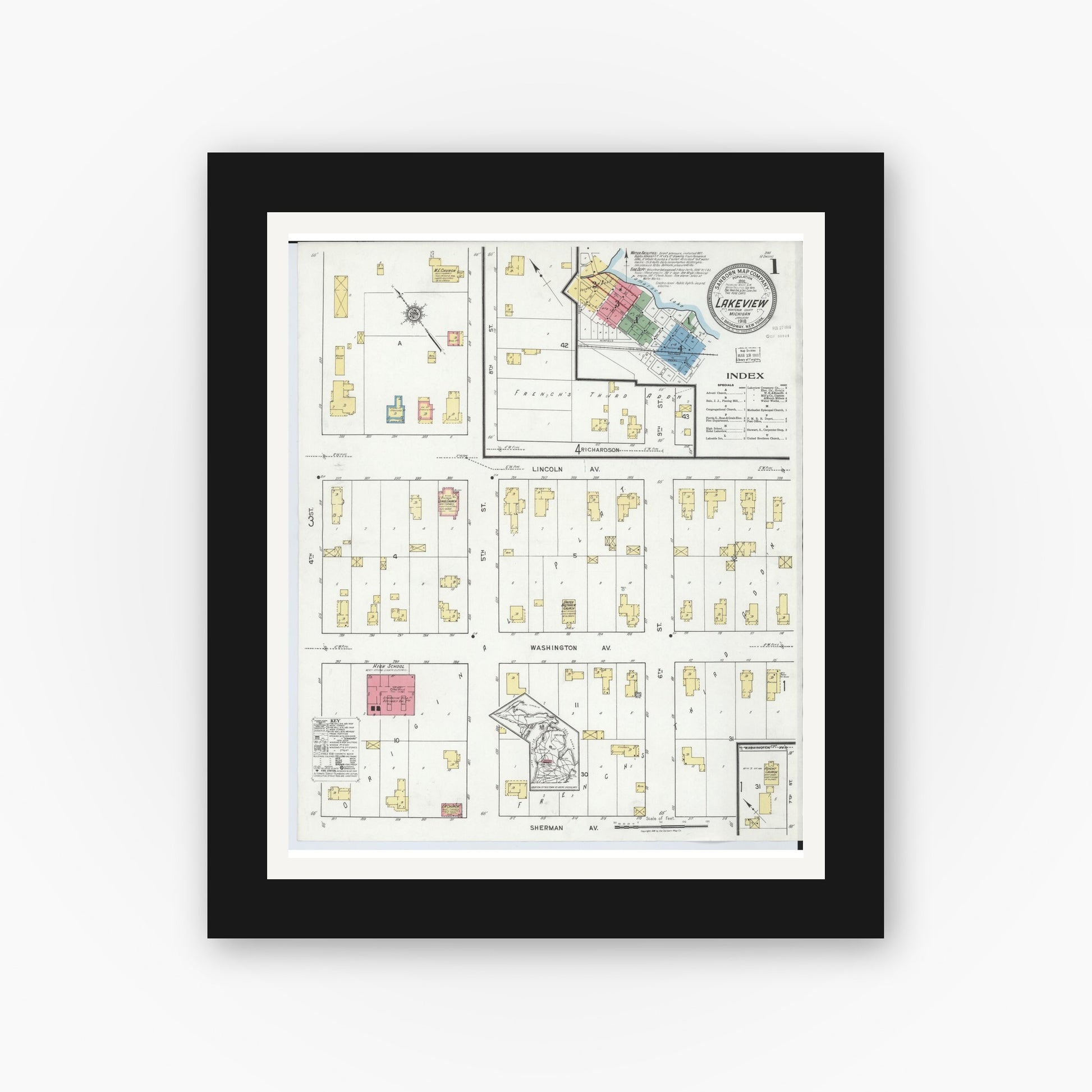 Old map wall art mockup — black gallery frame with white mat — Sanborn Fire Insurance Map from Lakeview, Montcalm County, Michigan (1918) - Complete Map Set