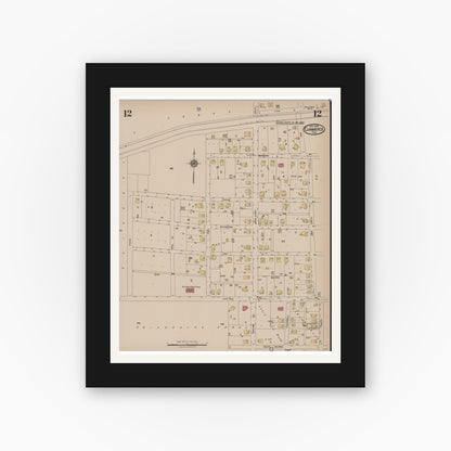 Old map wall art mockup — black gallery frame with white mat — Sanborn Fire Insurance Map from Commerce, Hunt County, Texas (1922), Sheet #0012