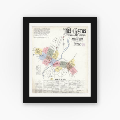 Old map wall art mockup — black gallery frame with white mat — Sanborn Fire Insurance Map from Los Gatos, Santa Clara County, California (1904) - Complete Map Set