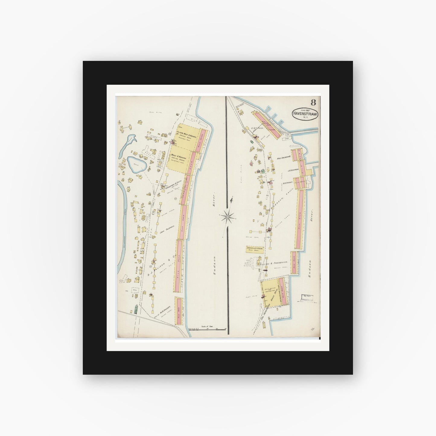 Old map wall art mockup — black gallery frame with white mat — Sanborn Fire Insurance Map from Haverstraw, Rockland County, New York (1887), Sheet #0008