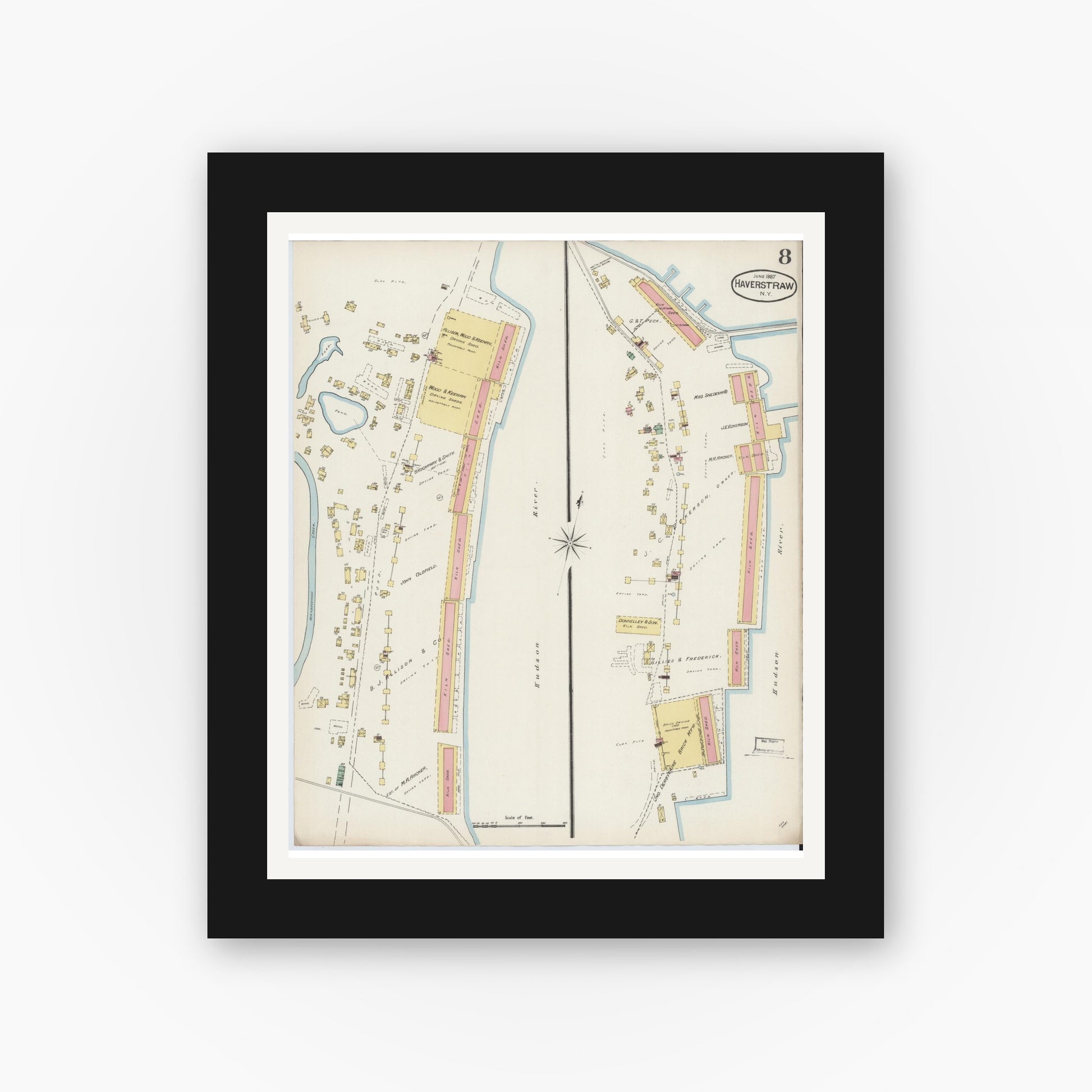 Old map wall art mockup — black gallery frame with white mat — Sanborn Fire Insurance Map from Haverstraw, Rockland County, New York (1887), Sheet #0008