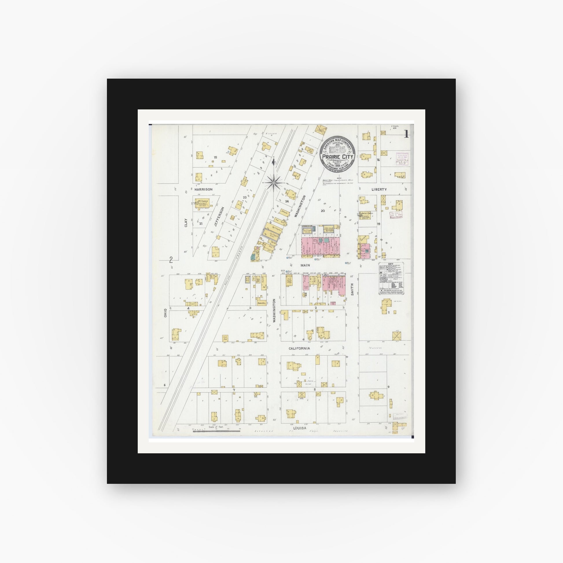 Old map wall art mockup — black gallery frame with white mat — Sanborn Fire Insurance Map from Prairie City, Mcdonough County, Illinois (1906) - Complete Map Set