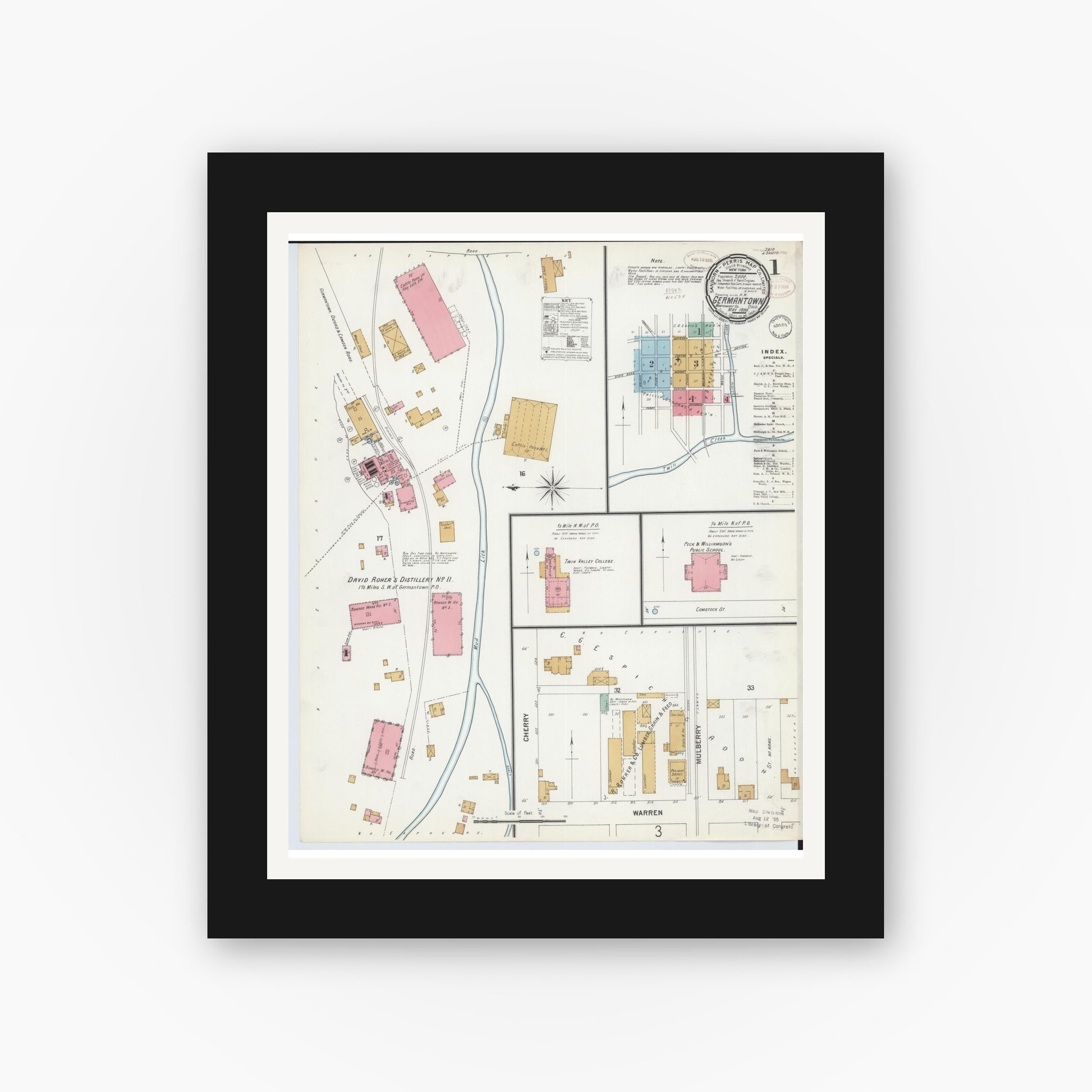 Old map wall art mockup — black gallery frame with white mat — Sanborn Fire Insurance Map from Germantown, Montgomery County, Ohio (1899), Sheet #0001