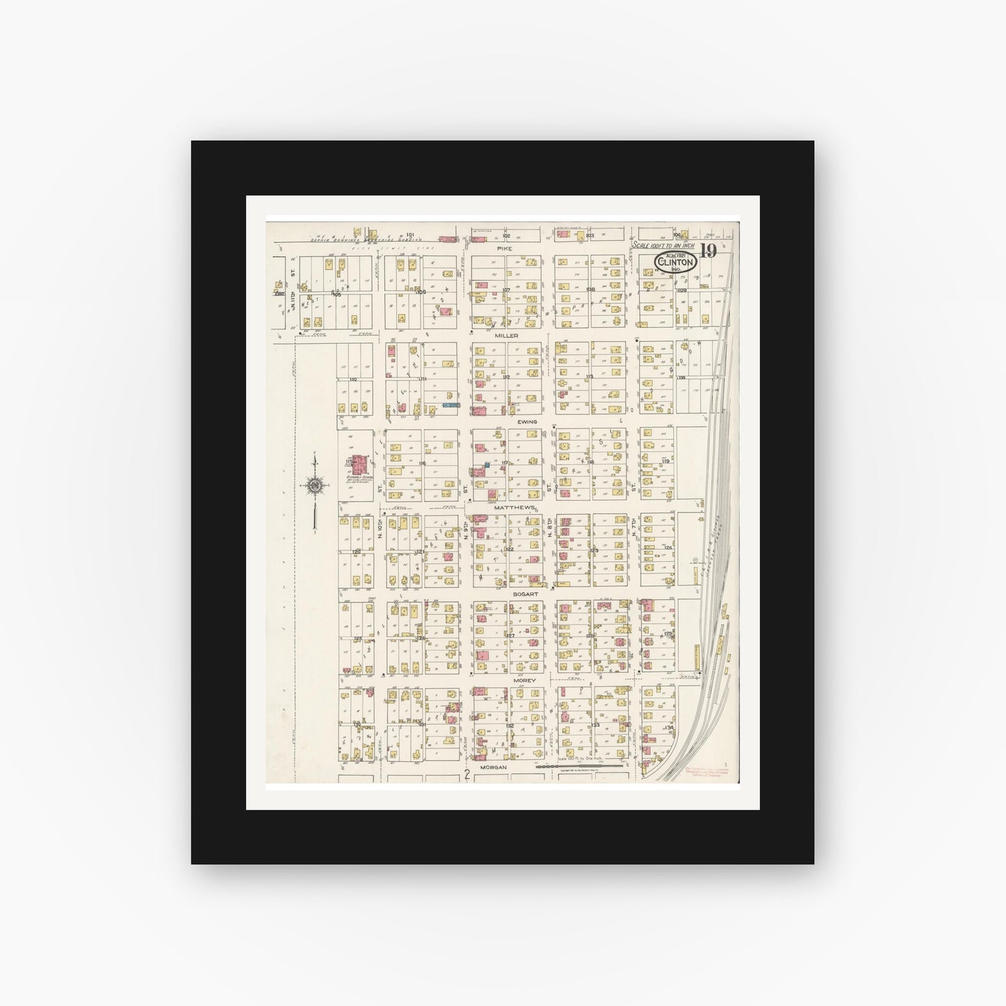 Old map wall art mockup — black gallery frame with white mat — Sanborn Fire Insurance Map from Clinton, Vermillion County, Indiana (1921), Sheet #0019