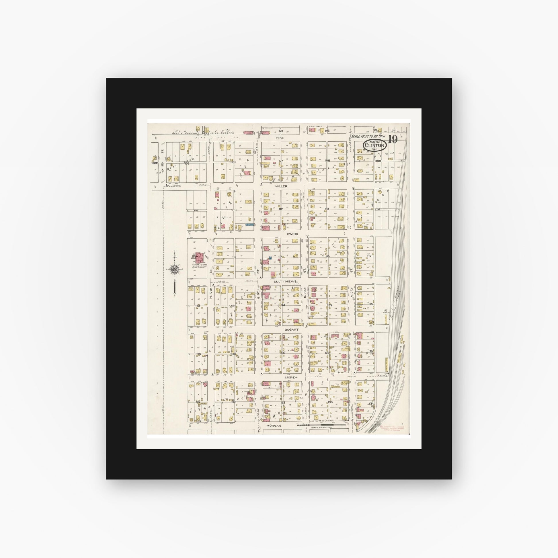 Old map wall art mockup — black gallery frame with white mat — Sanborn Fire Insurance Map from Clinton, Vermillion County, Indiana (1921), Sheet #0019