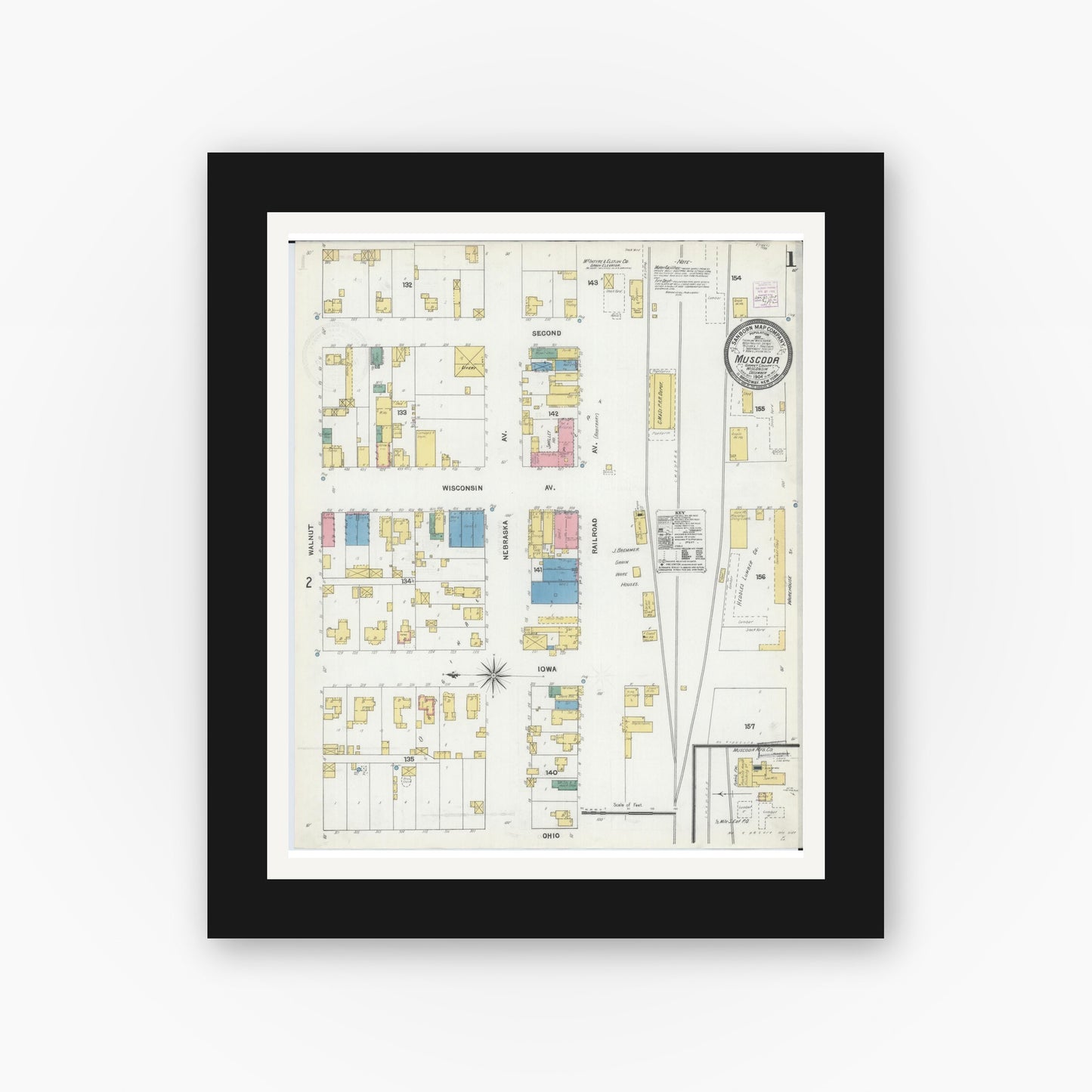 Old map wall art mockup — black gallery frame with white mat — Sanborn Fire Insurance Map from Muscoda, Grant County, Wisconsin (1904), Sheet #0001