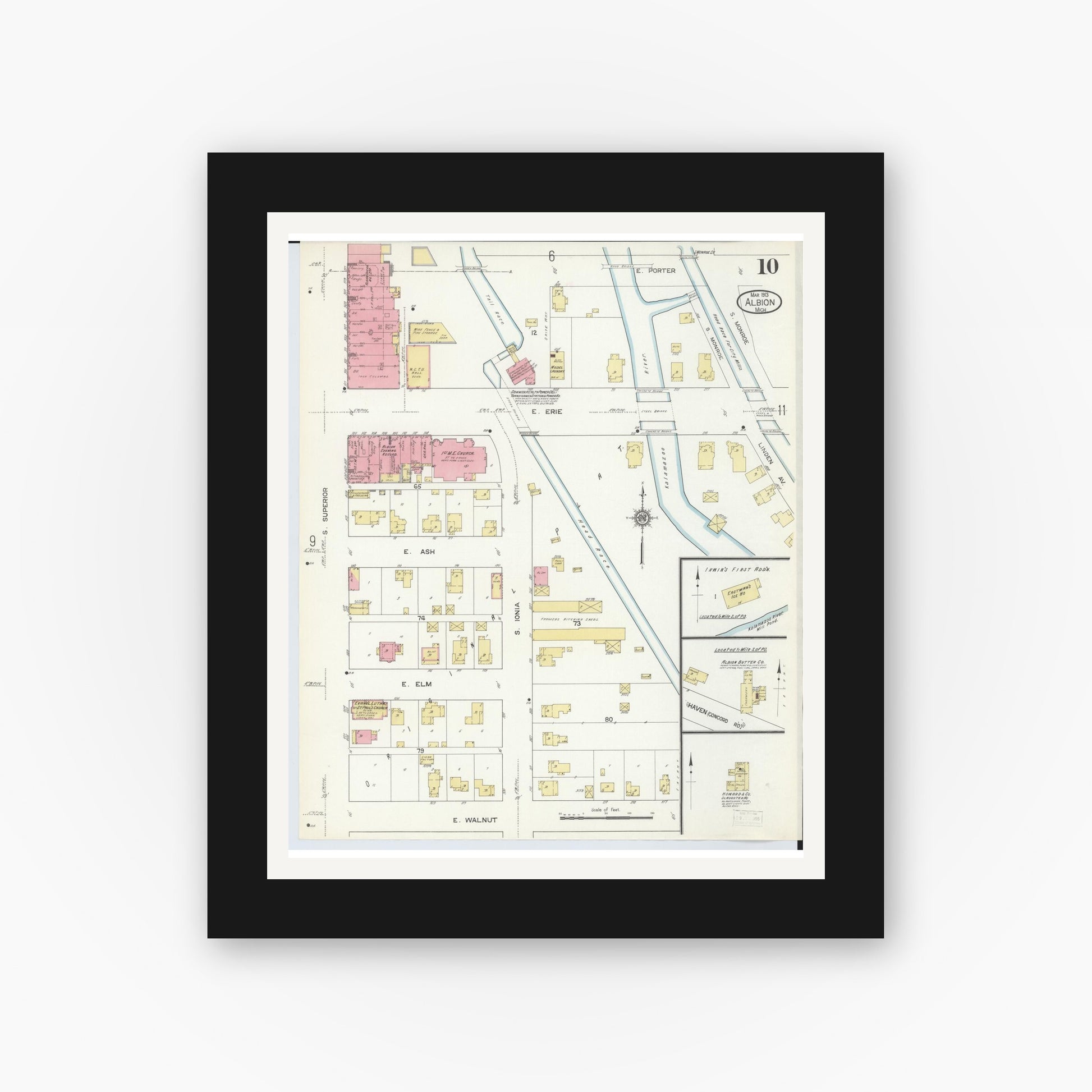 Old map wall art mockup — black gallery frame with white mat — Sanborn Fire Insurance Map from Albion, Calhoun County, Michigan (1913), Sheet #0010
