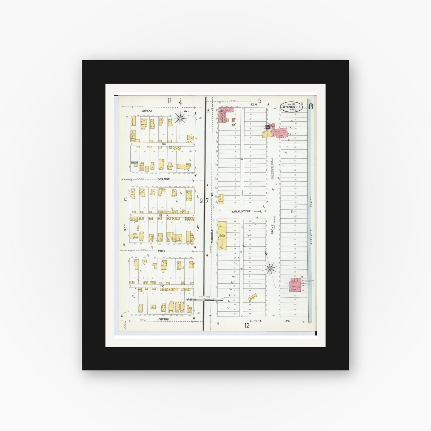 Old map wall art mockup — black gallery frame with white mat — Sanborn Fire Insurance Map from Wyandotte, Wayne County, Michigan (1900), Sheet #0008