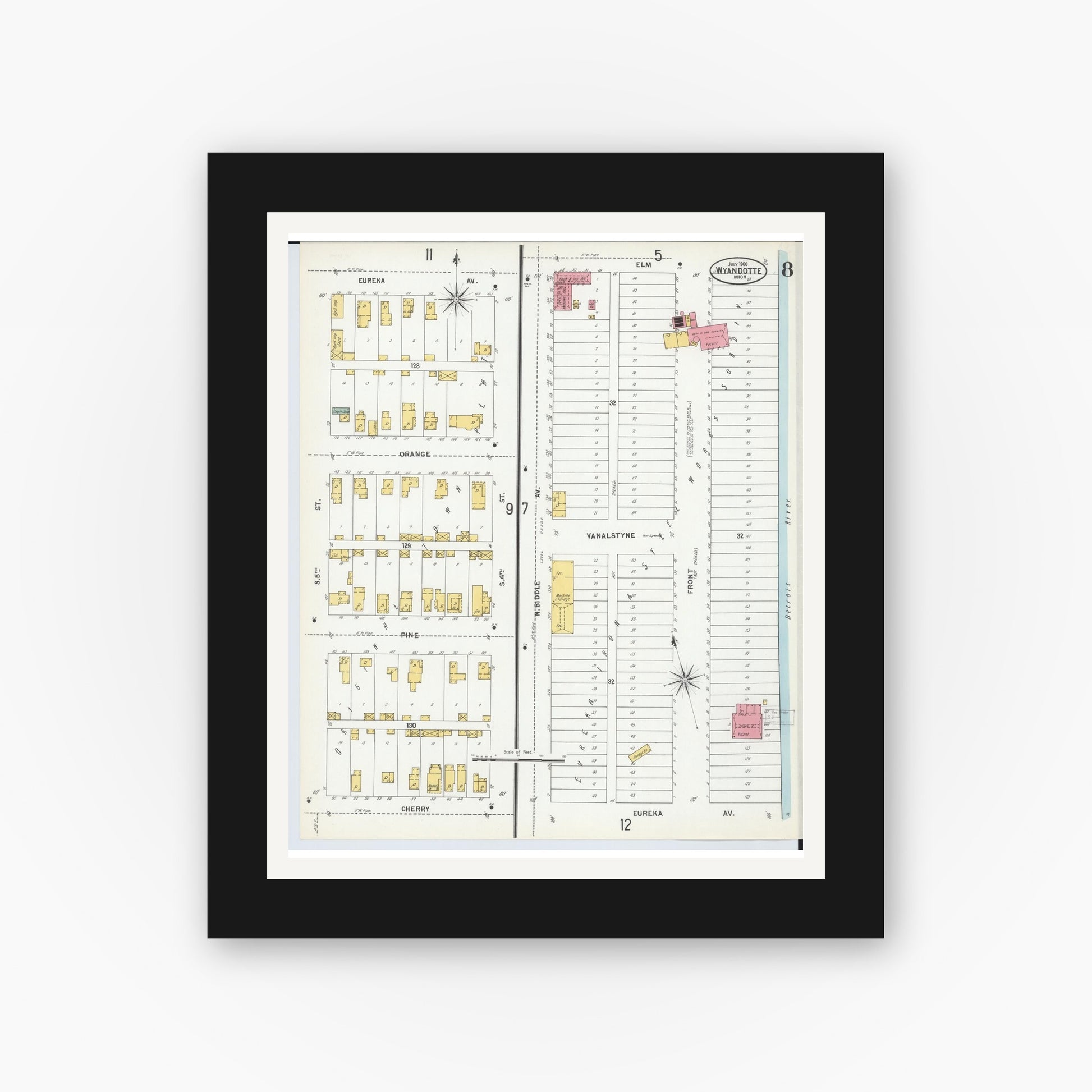Old map wall art mockup — black gallery frame with white mat — Sanborn Fire Insurance Map from Wyandotte, Wayne County, Michigan (1900), Sheet #0008