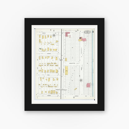 Old map wall art mockup — black gallery frame with white mat — Sanborn Fire Insurance Map from Wyandotte, Wayne County, Michigan (1900), Sheet #0008