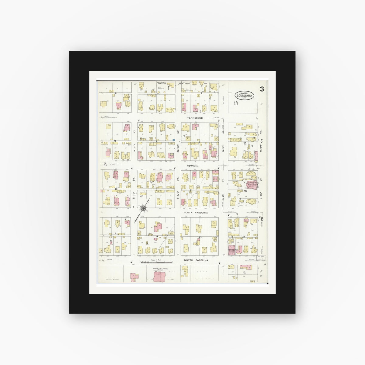 Old map wall art mockup — black gallery frame with white mat — Sanborn Fire Insurance Map from Louisiana, Pike County, Missouri (1909), Sheet #0003