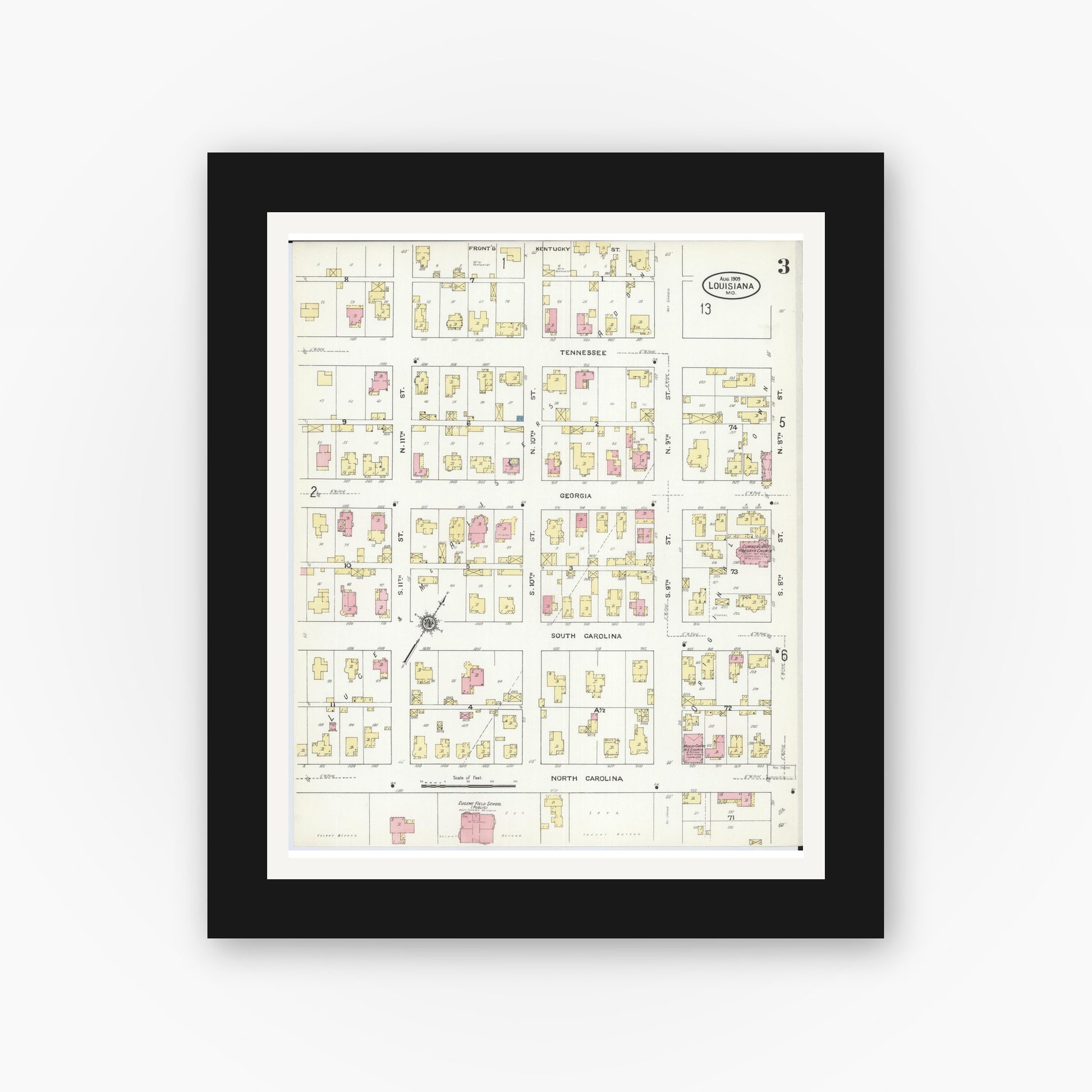 Old map wall art mockup — black gallery frame with white mat — Sanborn Fire Insurance Map from Louisiana, Pike County, Missouri (1909), Sheet #0003