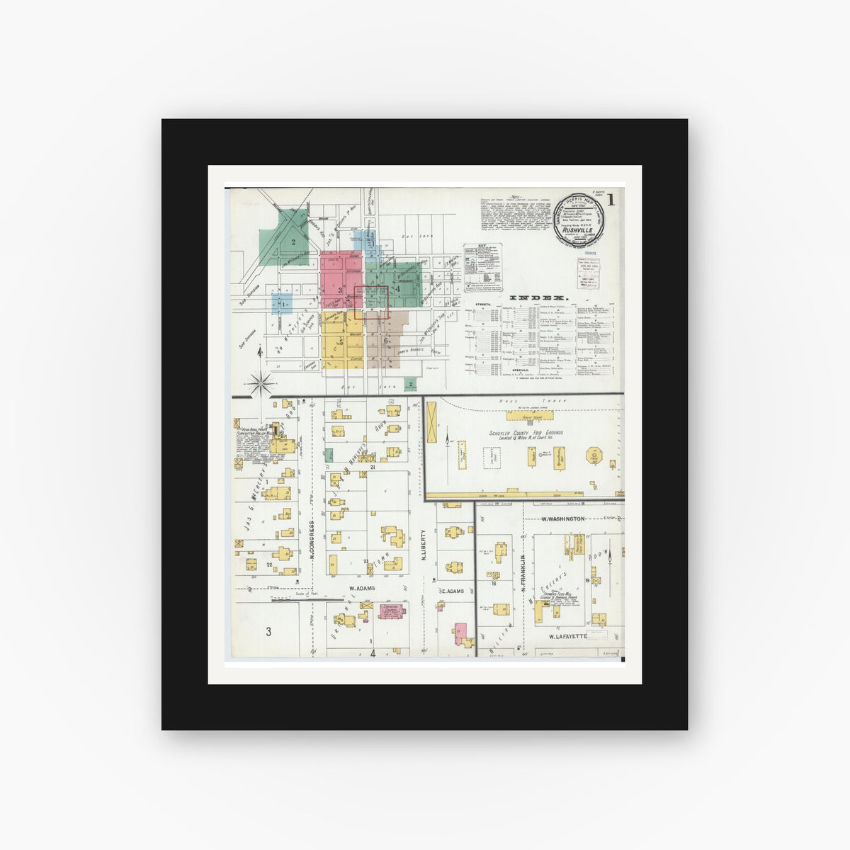 Old map wall art mockup — black gallery frame with white mat — Sanborn Fire Insurance Map from Rushville, Schuyler County, Illinois (1900) - Complete Map Set